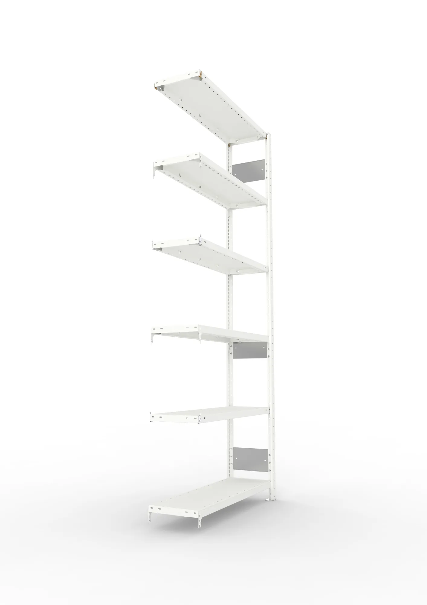 META CLIP S3, Fachbodenregal, Anbauregal, 2500 x 1000 x 300 mm, Fachlast 150 kg, 6 Ebenen, Längsriegel, RAL 7035 – Seitenansicht