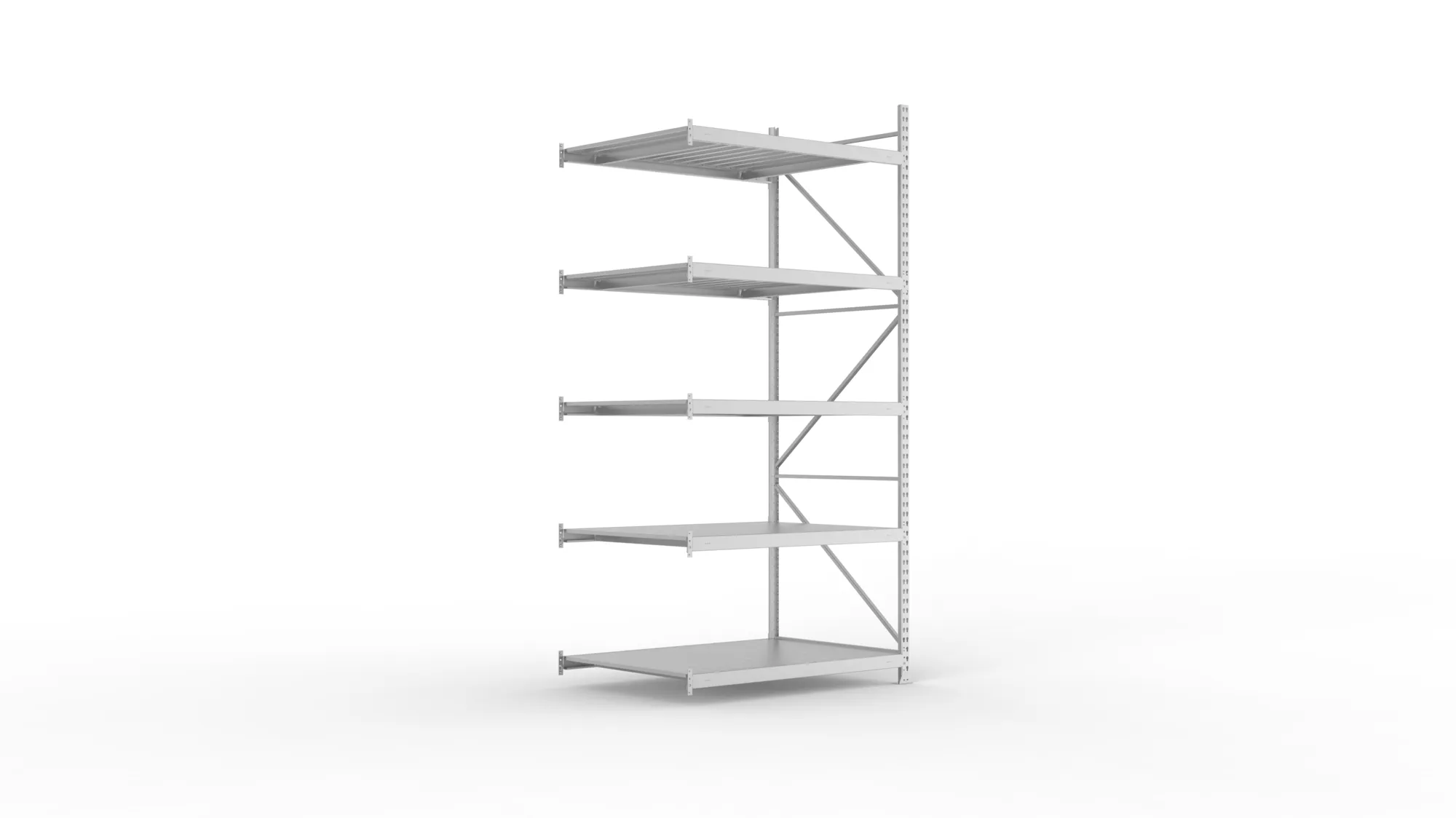 META MINI-RACK, Weitspannregal, Anbauregal, 3000 x 1400 x 1050 mm, Fachlast 600 kg, Stahlpaneelböden, 5 Ebenen – Ansicht in Blickhöhe