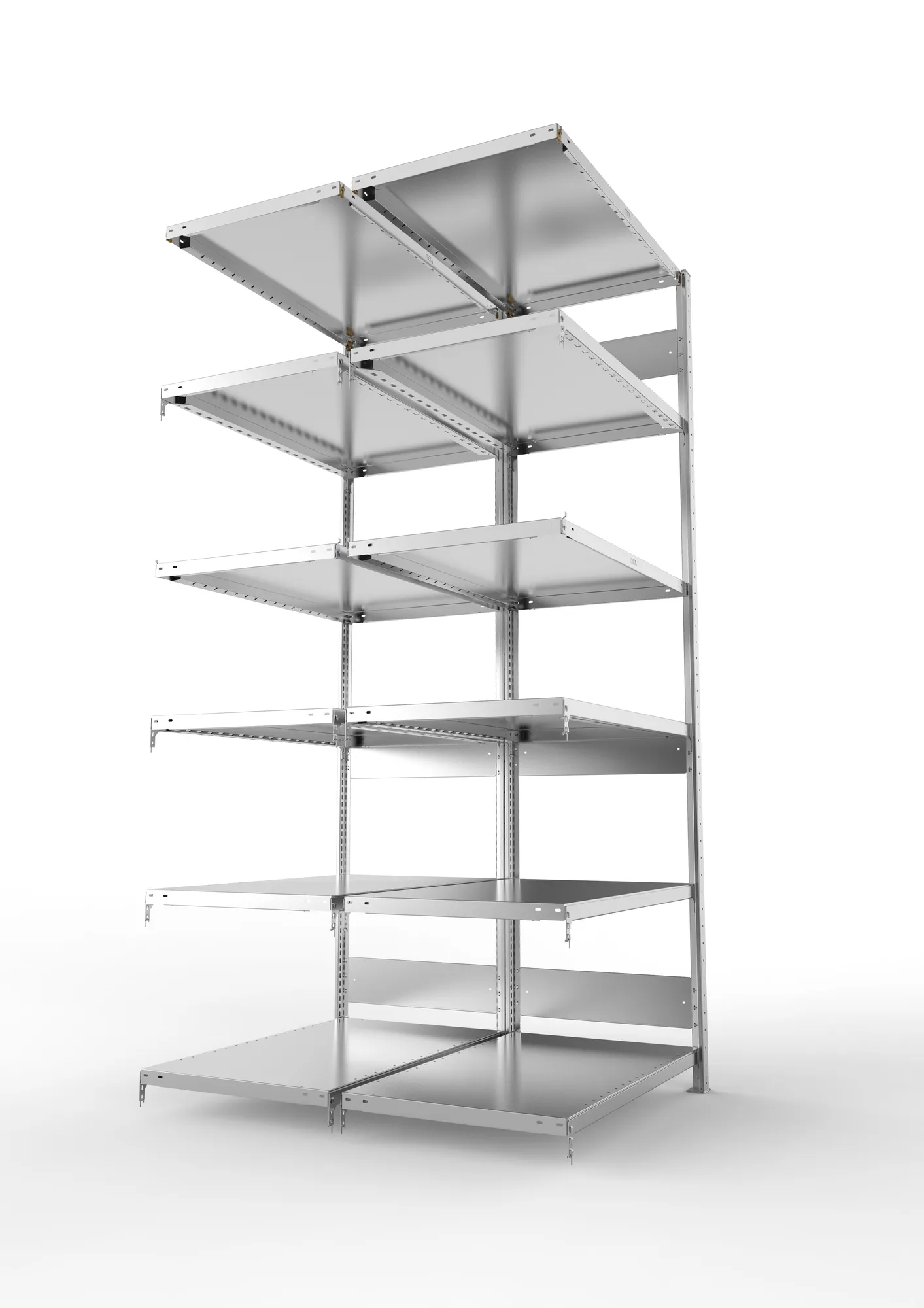 META CLIP S3, Fachbodenregal, Doppel-Anbauregal, 2500 x 1000 x 600 mm, Fachlast 230 kg, 6 Ebenen, Längsriegel, verzinkt – Seitenansicht
