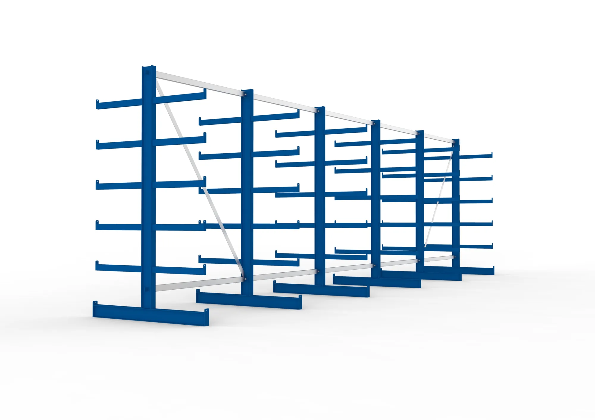 META ATLAS ST, Kragarmregal, 5 Felder, 2000 x 6750 x 500 mm, Armlast 200 kg, doppelseitig, 5+1 Ebenen – Seitenansicht