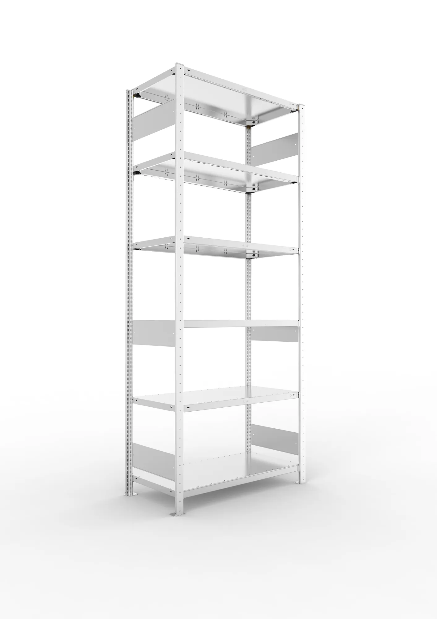 META CLIP S3, Fachbodenregal, Grundregal, 2500 x 1000 x 500 mm, Fachlast 150 kg, 6 Ebenen, Längsriegel, verzinkt – Ansicht in Blickhöhe