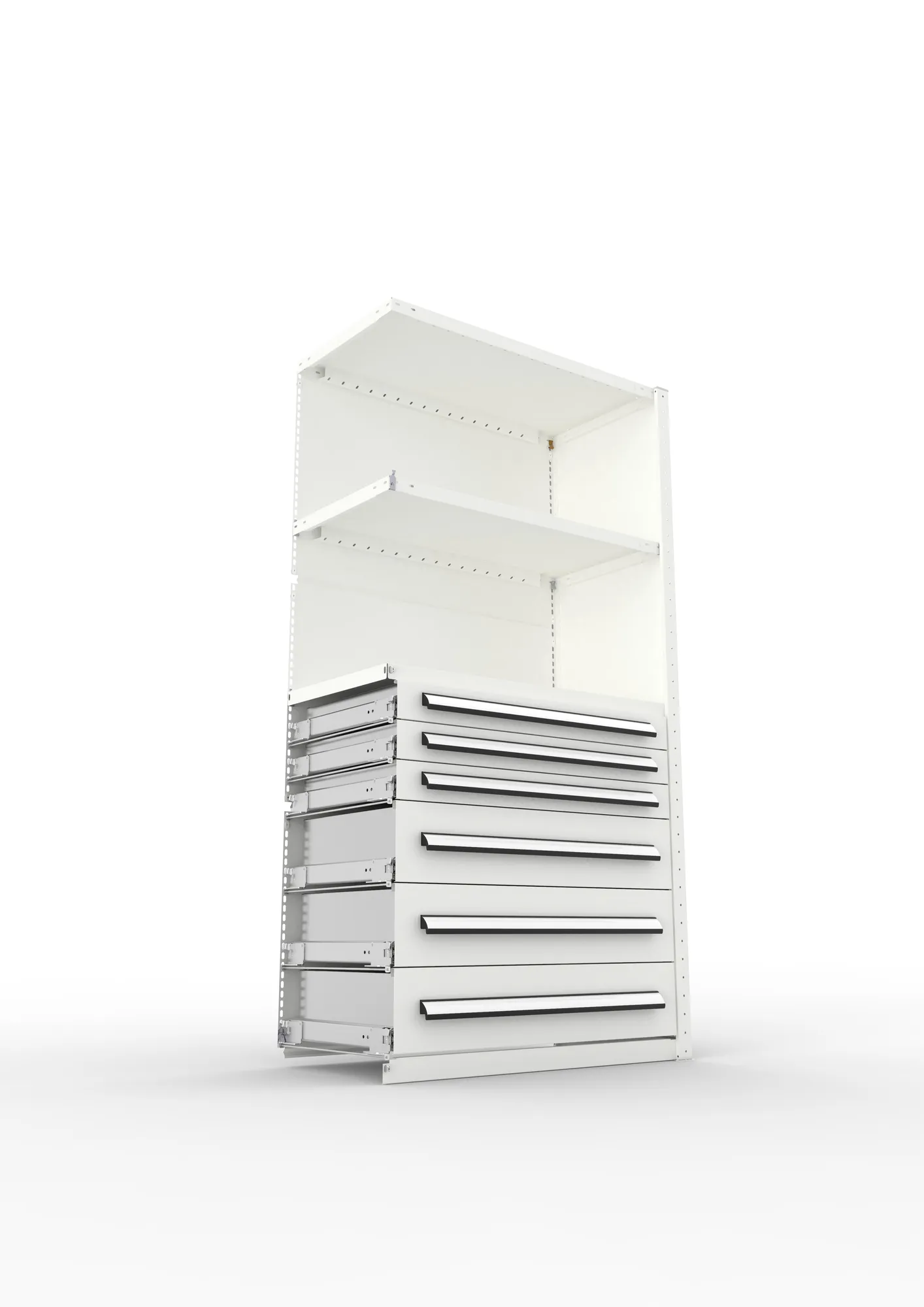 META CLIP, Schrankmodul, Anbauregal, Variante 4, 2000 x 1000 x 500 mm, Schubladen untere Hälfte, RAL 7035 – Ansicht von unten