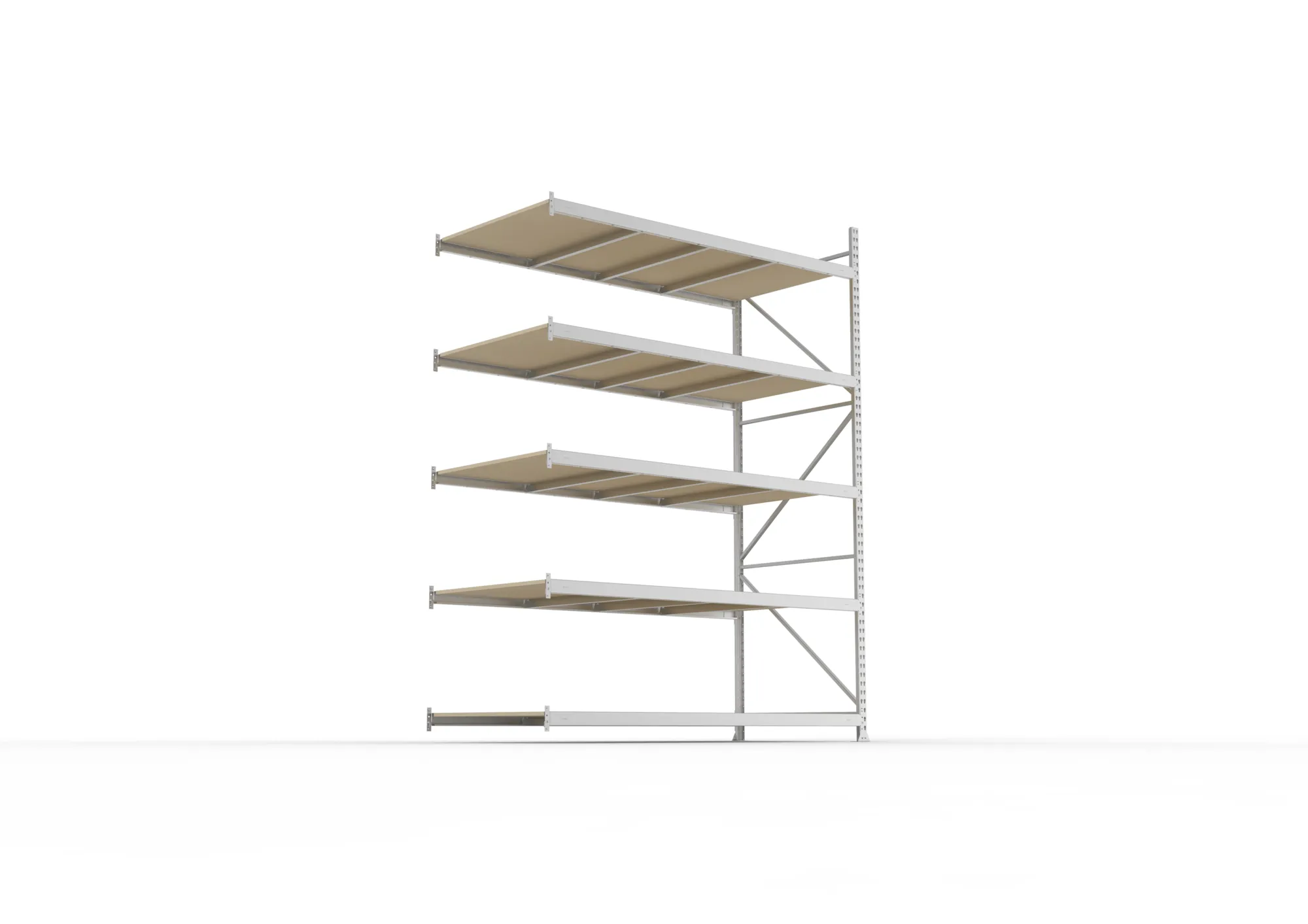 META MINI-RACK, Weitspannregal, Anbauregal, 3000 x 2200 x 1050 mm, Fachlast 600 kg, Spanplattenböden, 5 Ebenen – Ansicht von unten