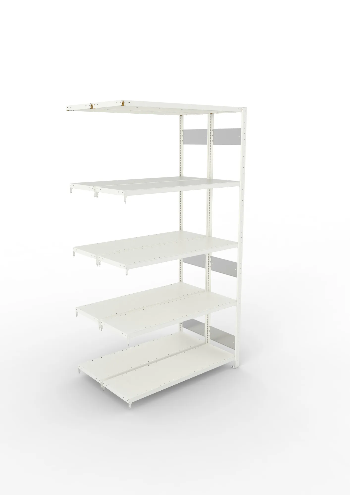 META CLIP S3, Fachbodenregal, Doppel-Anbauregal, 2500 x 1300 x 400 mm, Fachlast 230 kg, 5 Ebenen, Längsriegel, RAL 7035 – Ansicht von oben