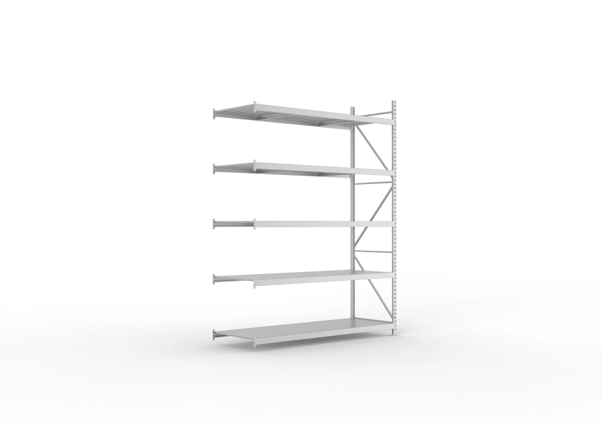 META MINI-RACK, Weitspannregal, Anbauregal, 3000 x 2200 x 800 mm, Fachlast 600 kg, Stahlpaneelböden, 5 Ebenen – Ansicht in Blickhöhe