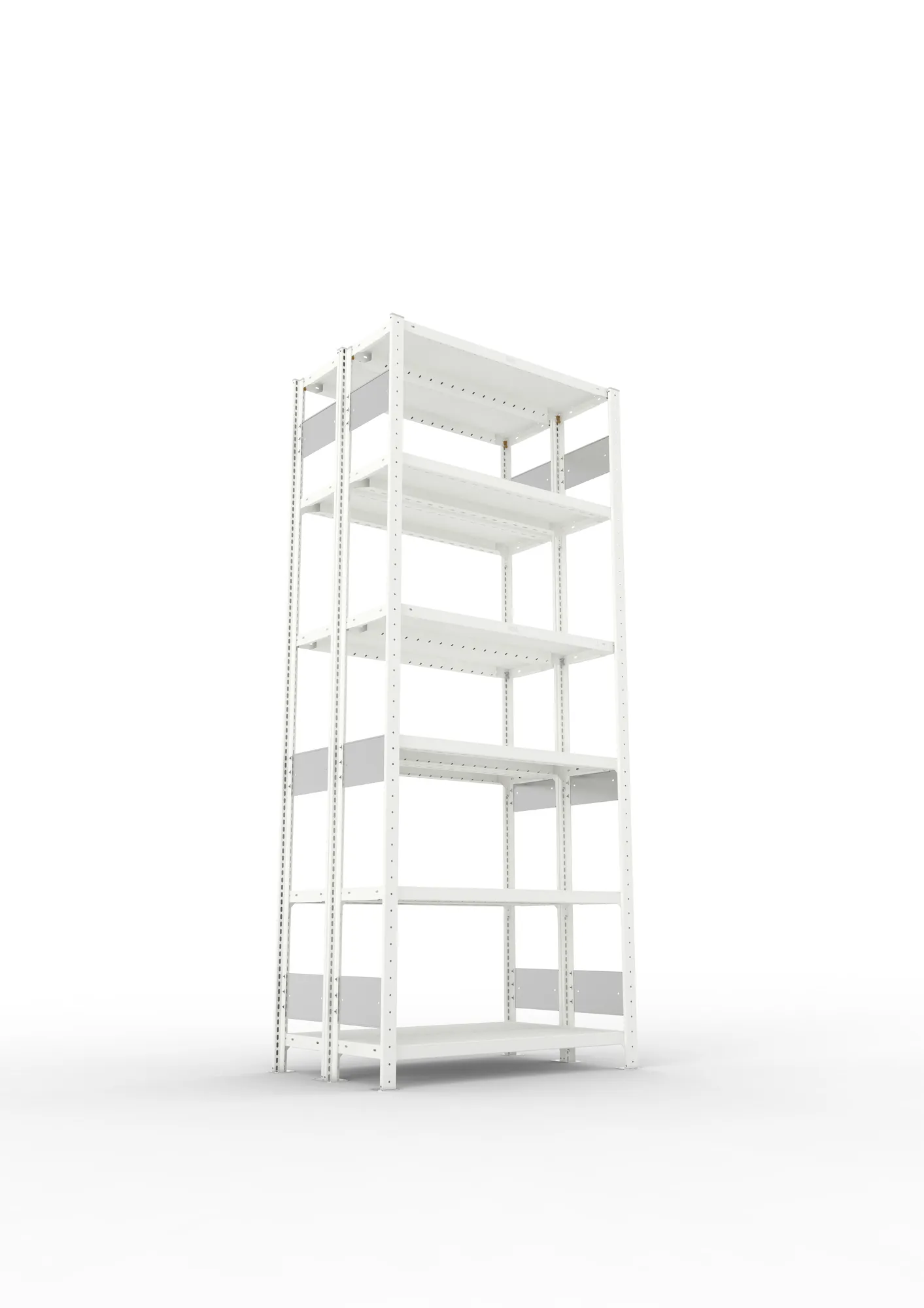 META CLIP S3, Fachbodenregal, Doppel-Grundregal, 2500 x 1000 x 300 mm, Fachlast 230 kg, 6 Ebenen, Längsriegel, RAL 7035 – Ansicht von unten
