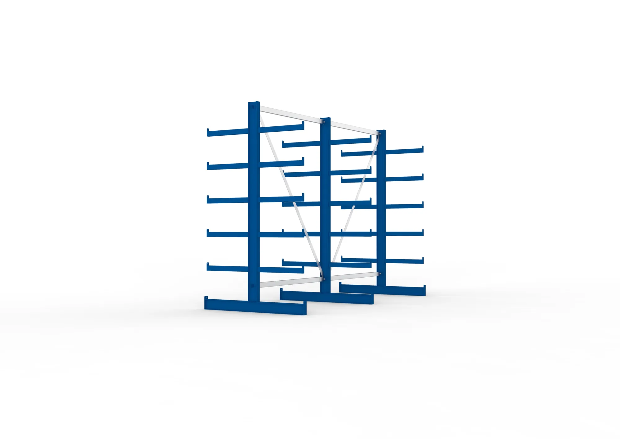 META ATLAS ST, Kragarmregal, 2 Felder, 2000 x 2700 x 500 mm, Armlast 200 kg, doppelseitig, 5+1 Ebenen – Seitenansicht