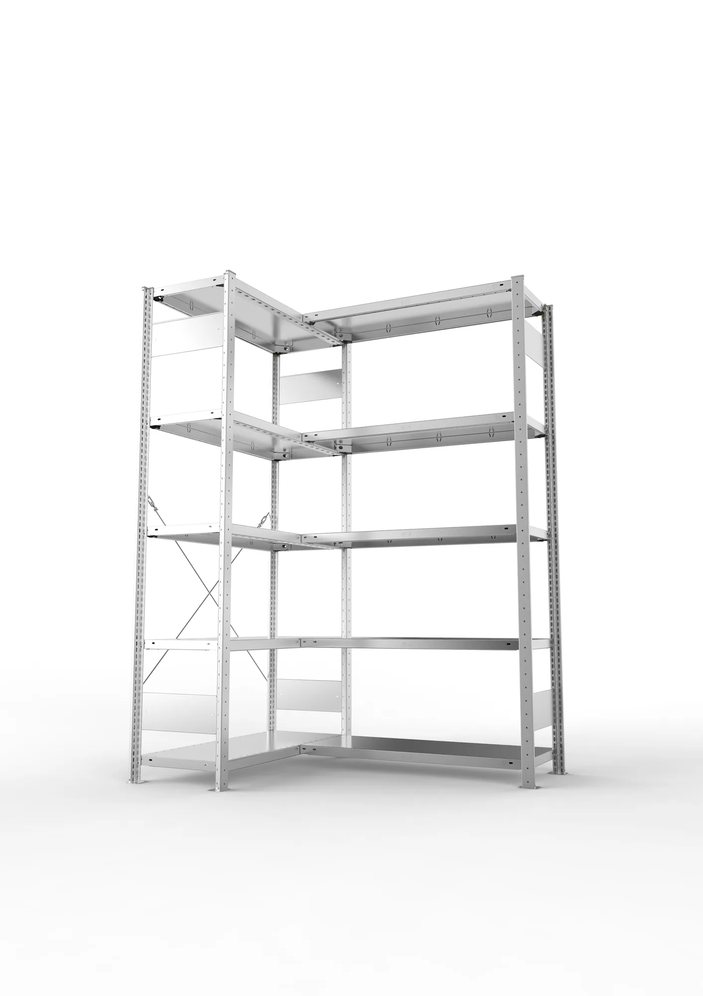 META CLIP, Eckregal, 2000 x 1000 x 400 mm, Fachlast 100 kg, 5 Ebenen, verzinkt – Seitenansicht