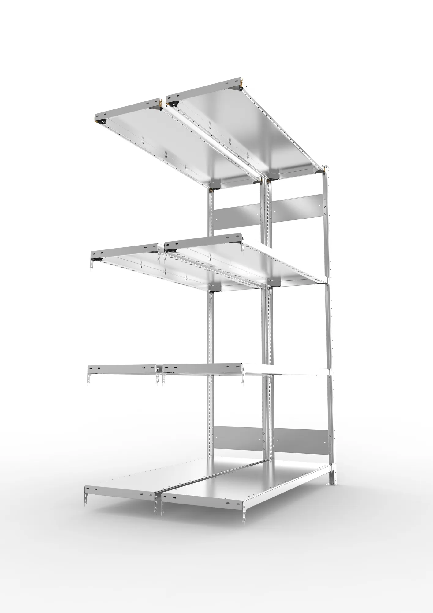 META CLIP S3, Fachbodenregal, Doppel-Anbauregal, 2000 x 1300 x 400 mm, Fachlast 230 kg, 4 Ebenen, Längsriegel, verzinkt – Seitenansicht