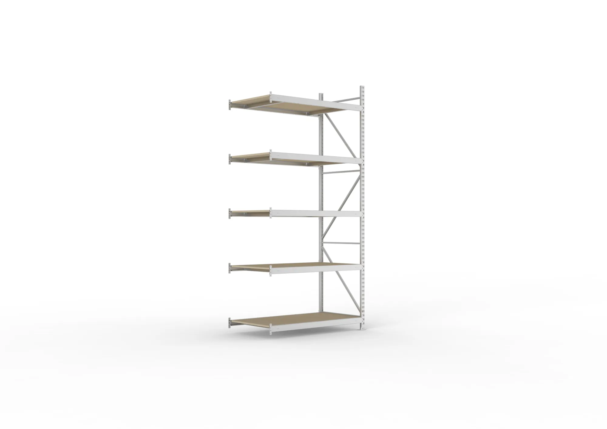 META MINI-RACK, Weitspannregal, Anbauregal, 3000 x 1400 x 800 mm, Fachlast 600 kg, Spanplattenböden, 5 Ebenen – Ansicht in Blickhöhe