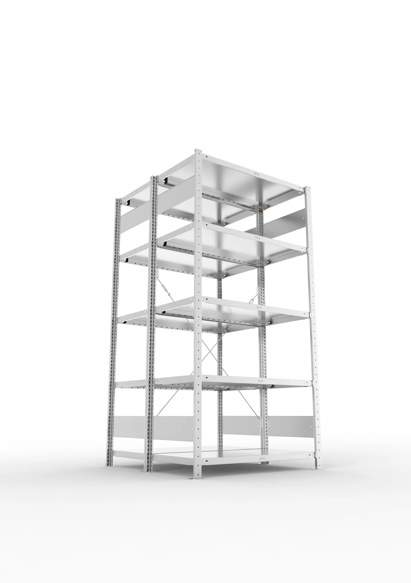META CLIP, Fachbodenregal, Doppel-Grundregal, 2000 x 1000 x 500 mm, Fachlast 230 kg, 5 Ebenen, verzinkt – Ansicht von unten