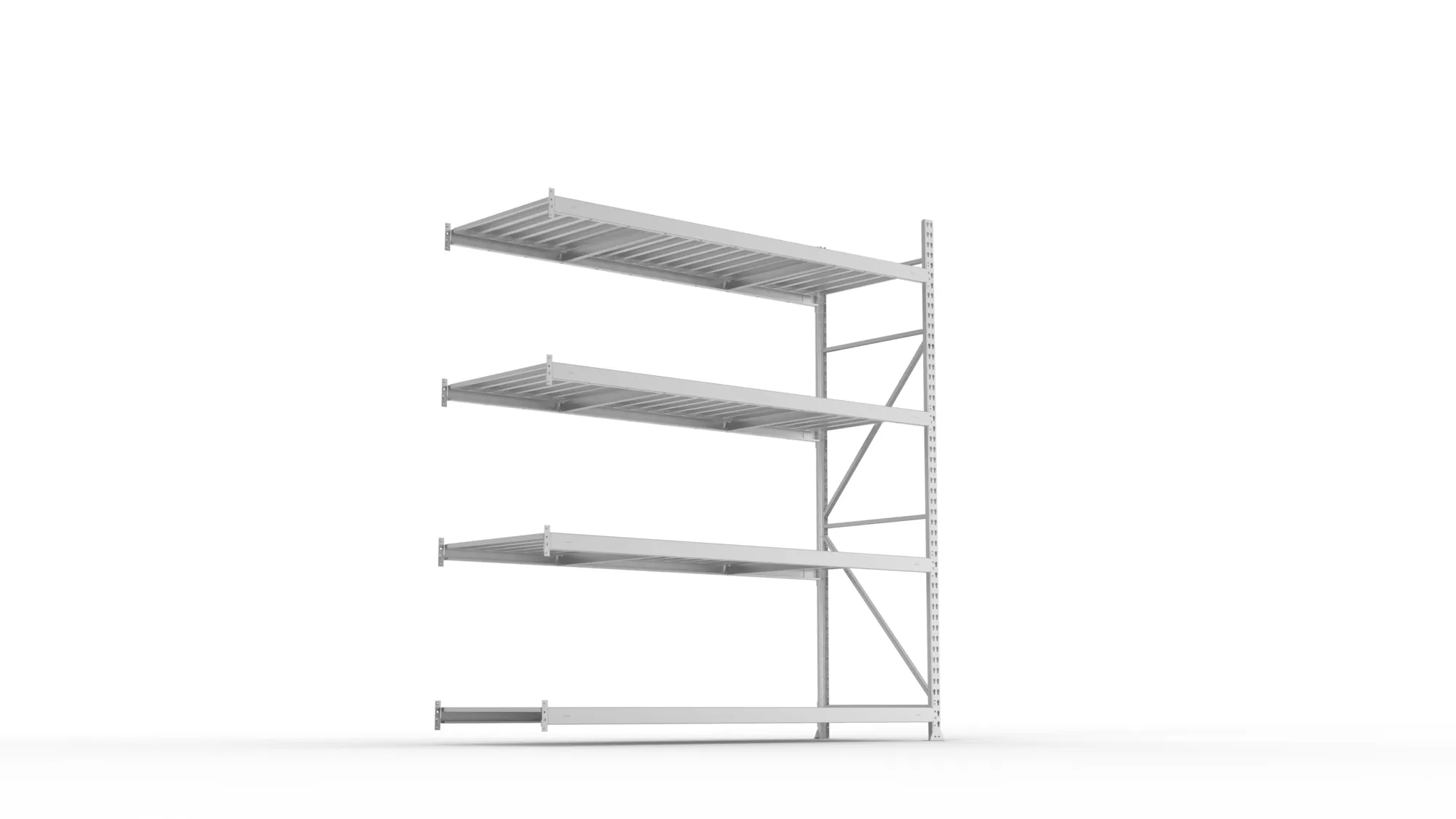 META MINI-RACK, Weitspannregal, Anbauregal, 2500 x 2200 x 800 mm, Fachlast 600 kg, Stahlpaneelböden, 4 Ebenen – Ansicht von unten