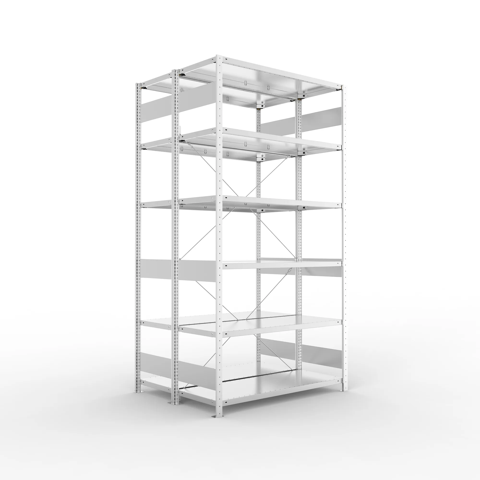 META CLIP S3, Fachbodenregal, Doppel-Grundregal, 2500 x 1300 x 500 mm, Fachlast 150 kg, 6 Ebenen, verzinkt – Ansicht in Blickhöhe