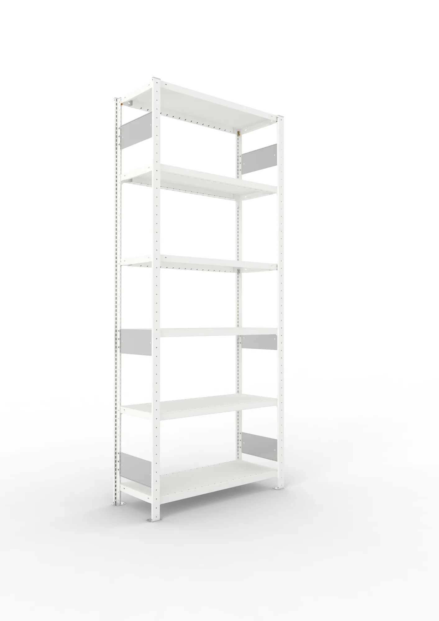 META CLIP S3, Fachbodenregal, Grundregal, 2500 x 1000 x 400 mm, Fachlast 230 kg, 6 Ebenen, Längsriegel, RAL 7035 – Ansicht in Blickhöhe