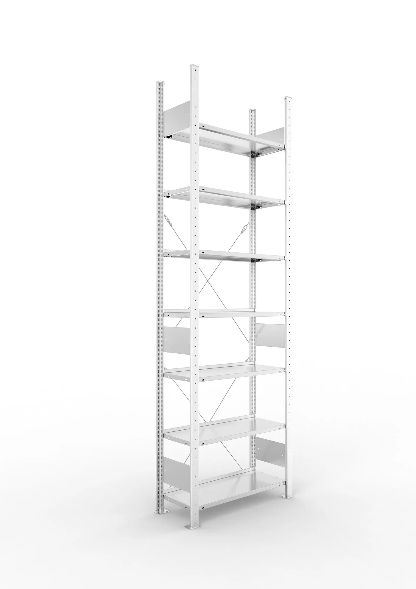 META CLIP COMPACT S3, Büro-Steckregal, Grundregal, 2500 x 750 x 300 mm, Fachlast 80 kg, 7+0 Ebenen, Endanschlag, verzinkt – Ansicht in Blickhöhe