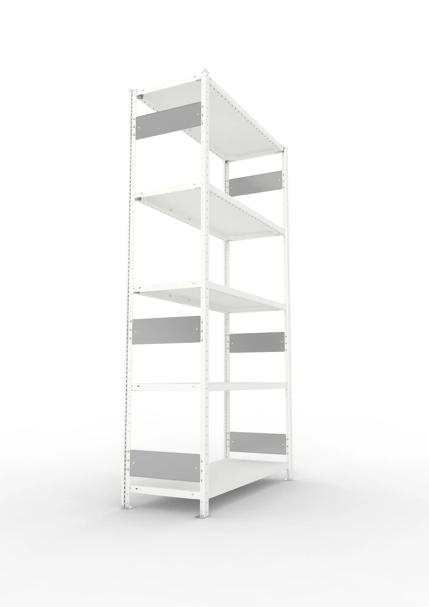 META CLIP S3, Fachbodenregal, Grundregal, 2500 x 1300 x 500 mm, Fachlast 230 kg, 5 Ebenen, Längsriegel, RAL 7035 – Seitenansicht