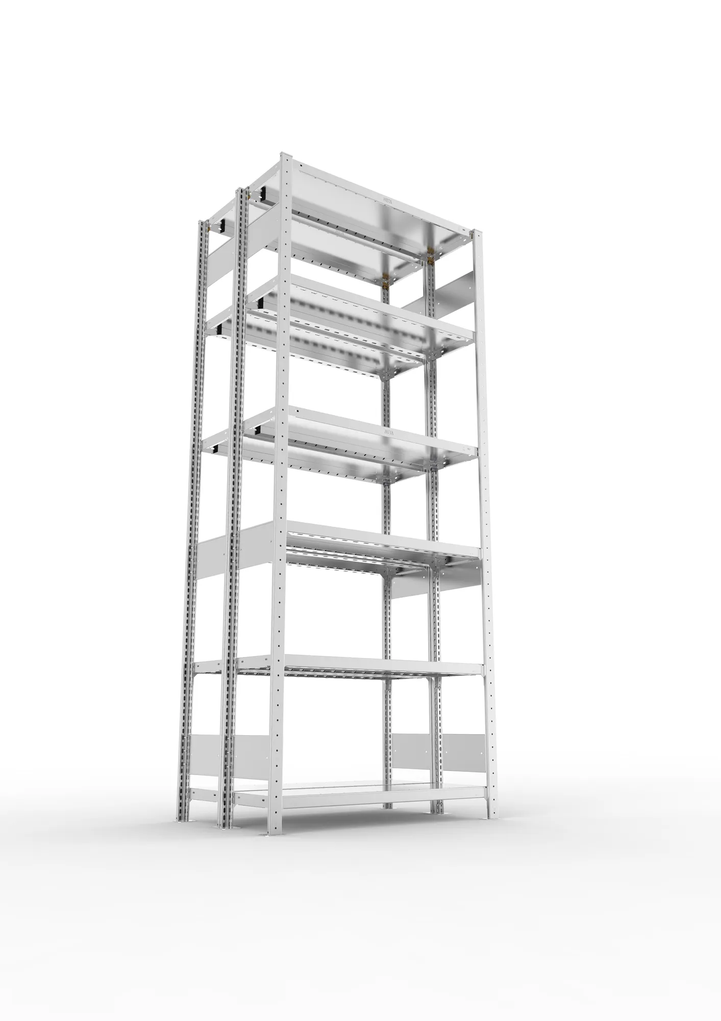 META CLIP S3, Fachbodenregal, Doppel-Grundregal, 2500 x 1000 x 300 mm, Fachlast 230 kg, 6 Ebenen, Längsriegel, verzinkt – Ansicht von unten