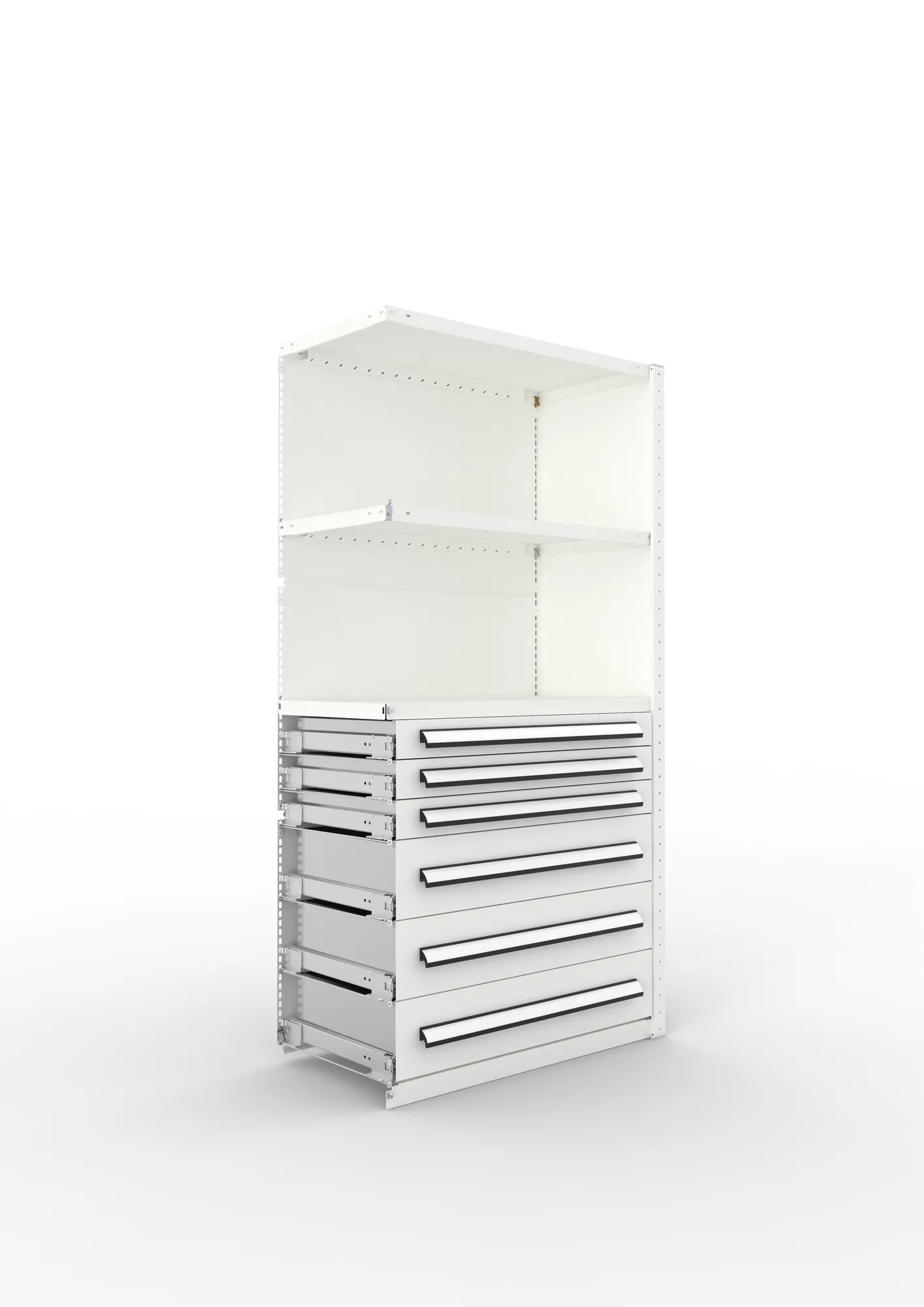 META CLIP, Schrankmodul, Anbauregal, Variante 4, 2000 x 1000 x 500 mm, Schubladen untere Hälfte, RAL 7035 – Ansicht in Blickhöhe