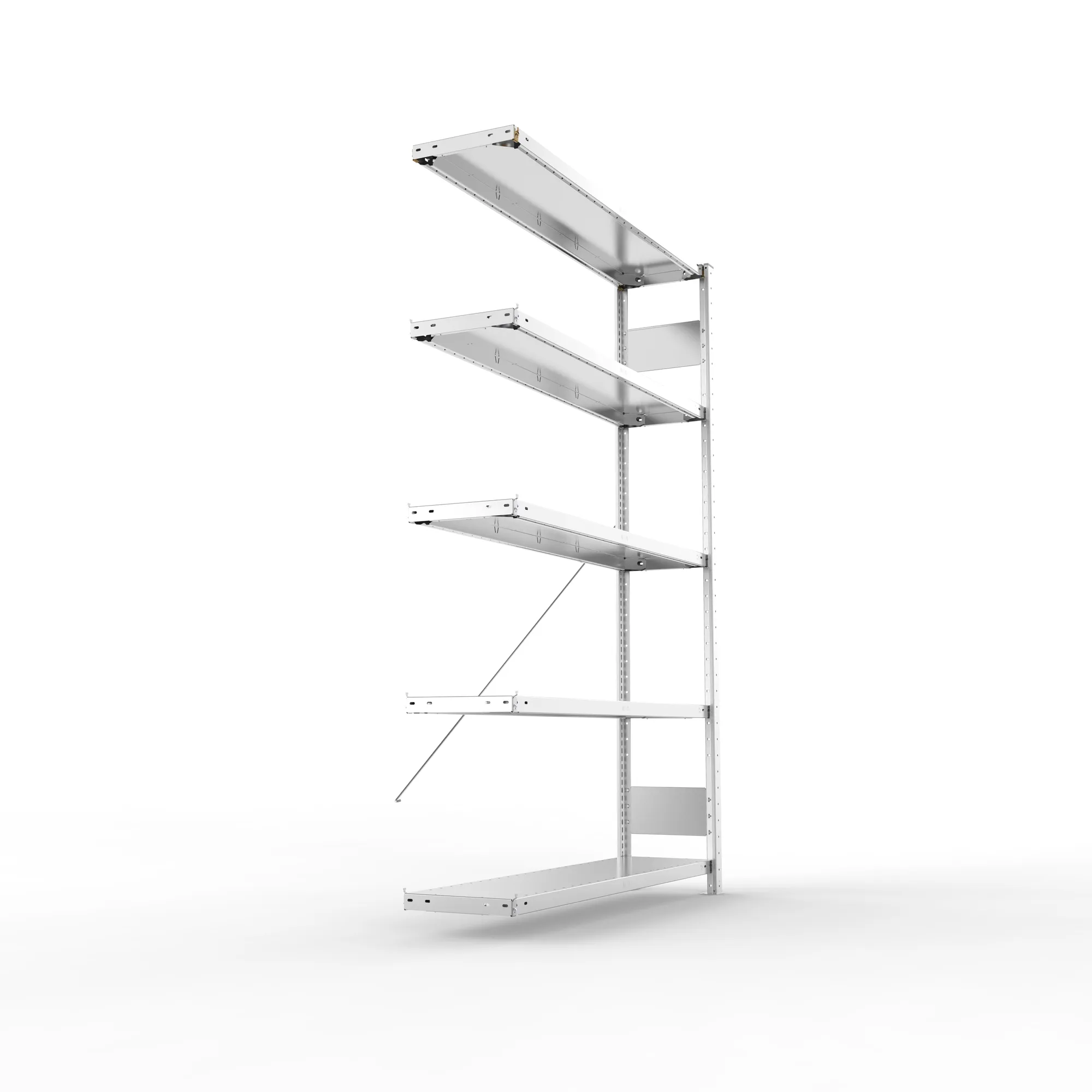 META CLIP S3, Fachbodenregal, Anbauregal, 2000 x 1300 x 300 mm, Fachlast 230 kg, 5 Ebenen, verzinkt – Seitenansicht
