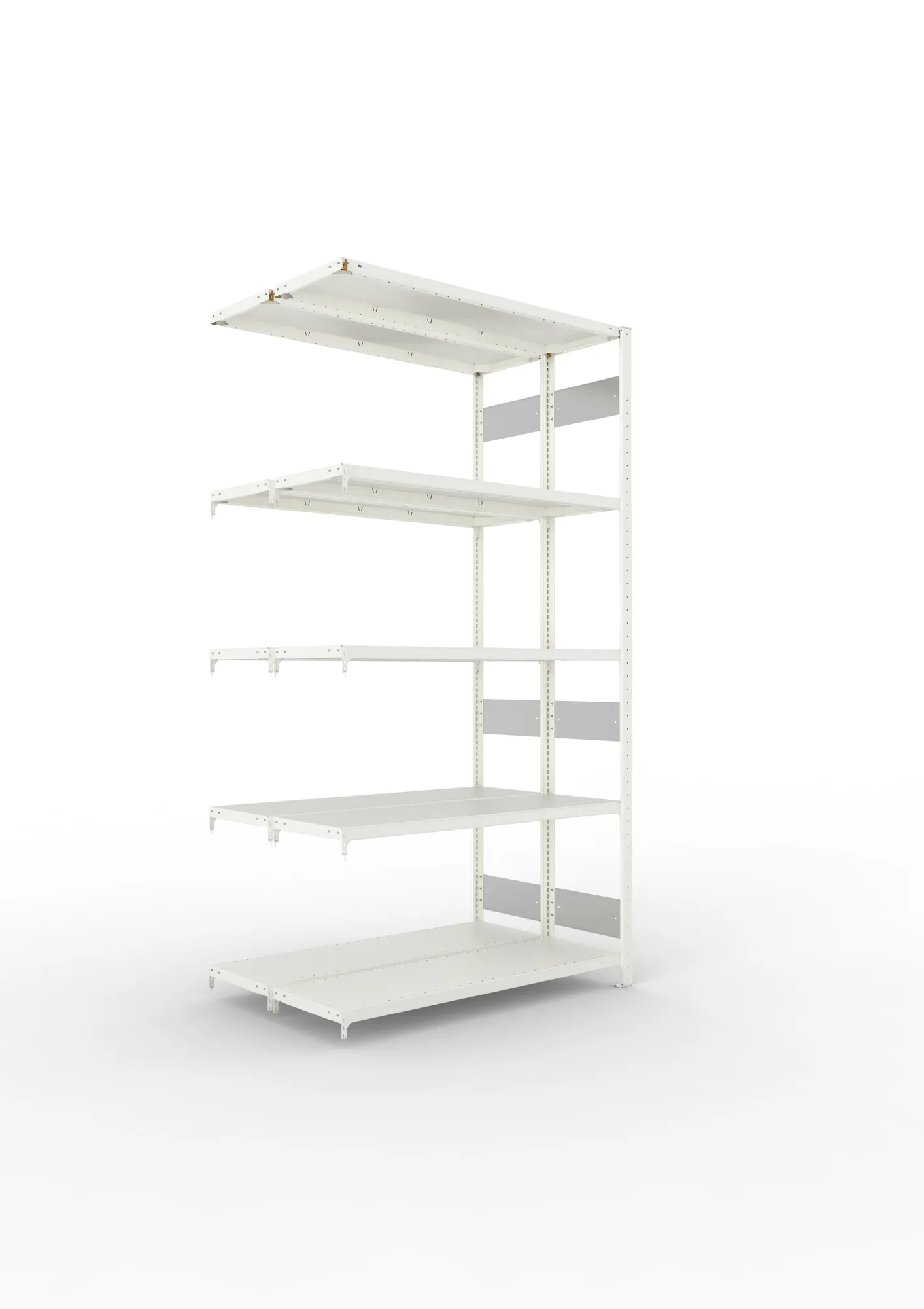 META CLIP S3, Fachbodenregal, Doppel-Anbauregal, 2500 x 1300 x 400 mm, Fachlast 230 kg, 5 Ebenen, Längsriegel, RAL 7035 – Ansicht in Blickhöhe