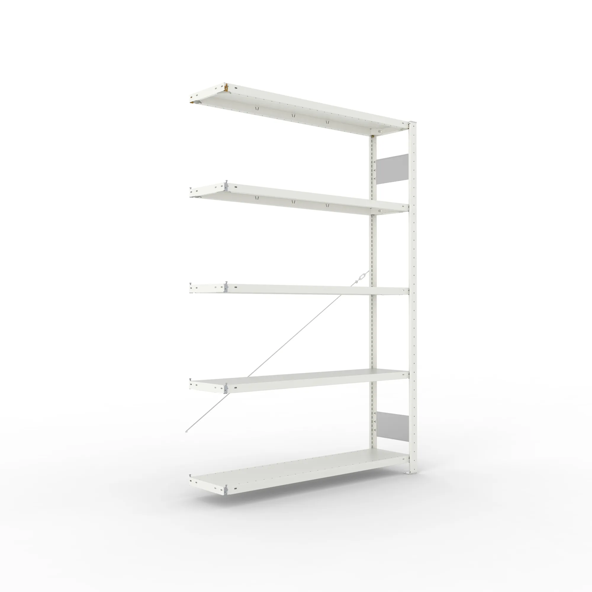 META CLIP S3, Fachbodenregal, Anbauregal, 2000 x 1300 x 300 mm, Fachlast 230 kg, 5 Ebenen, RAL 7035 – Ansicht in Blickhöhe