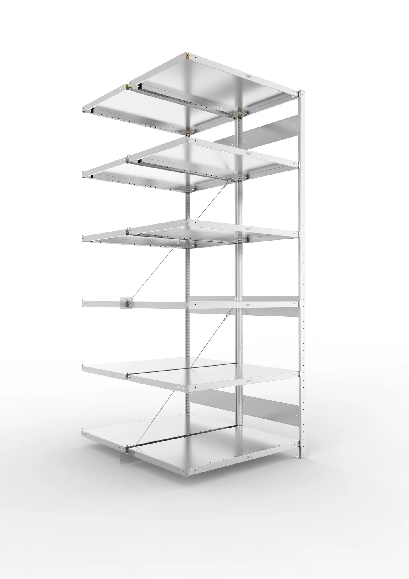 META CLIP, Fachbodenregal, Doppel-Anbauregal, 2500 x 1000 x 600 mm, Fachlast 230 kg, 6 Ebenen, verzinkt – Ansicht in Blickhöhe