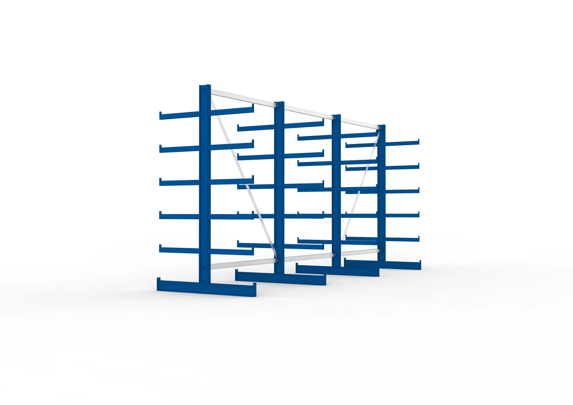 META ATLAS ST, Kragarmregal, 3 Felder, 2000 x 4050 x 500 mm, Armlast 200 kg, doppelseitig, 5+1 Ebenen – Seitenansicht