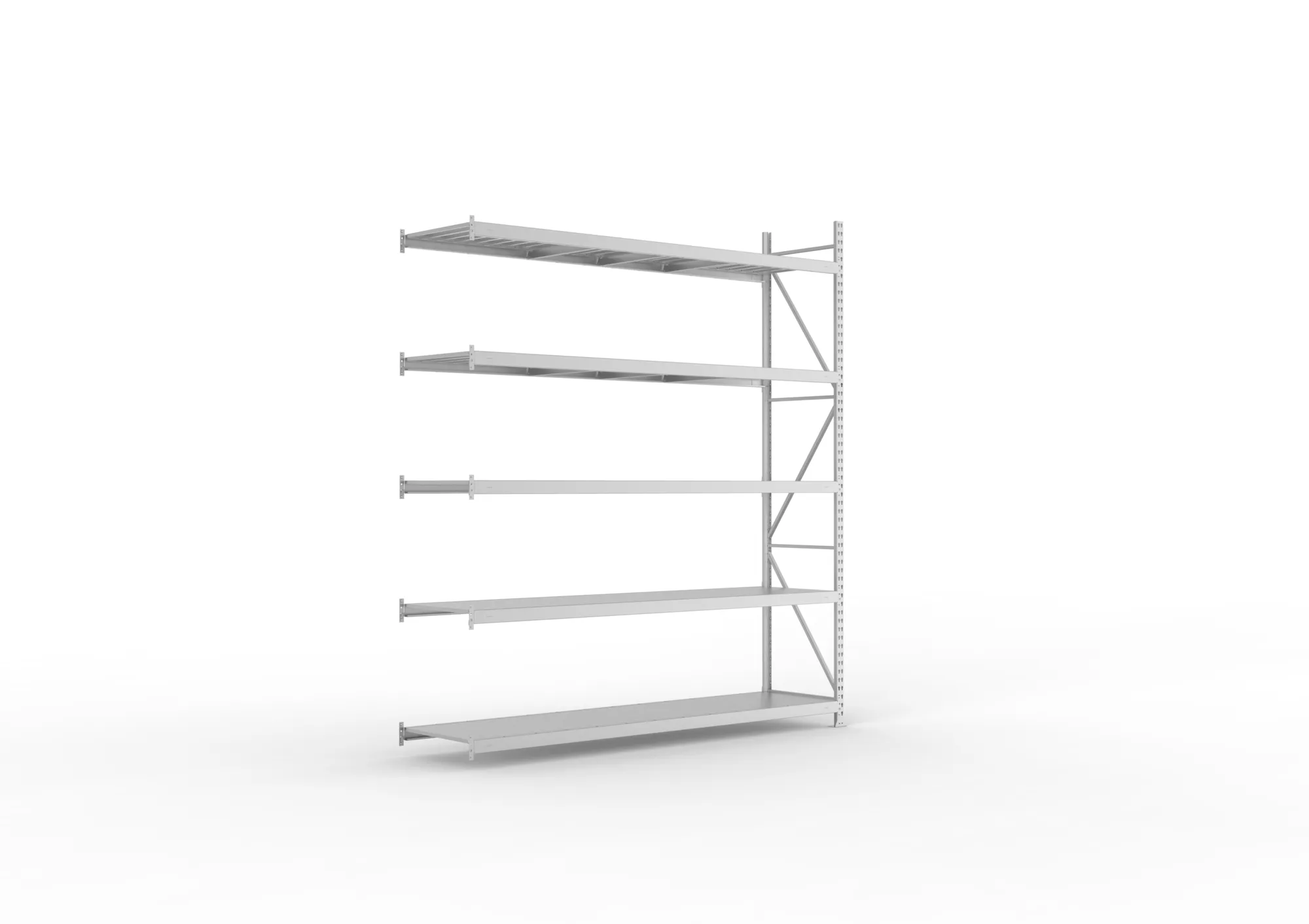 META MINI-RACK, Weitspannregal, Anbauregal, 3000 x 2600 x 650 mm, Fachlast 490 kg, Stahlpaneelböden, 5 Ebenen – Ansicht in Blickhöhe