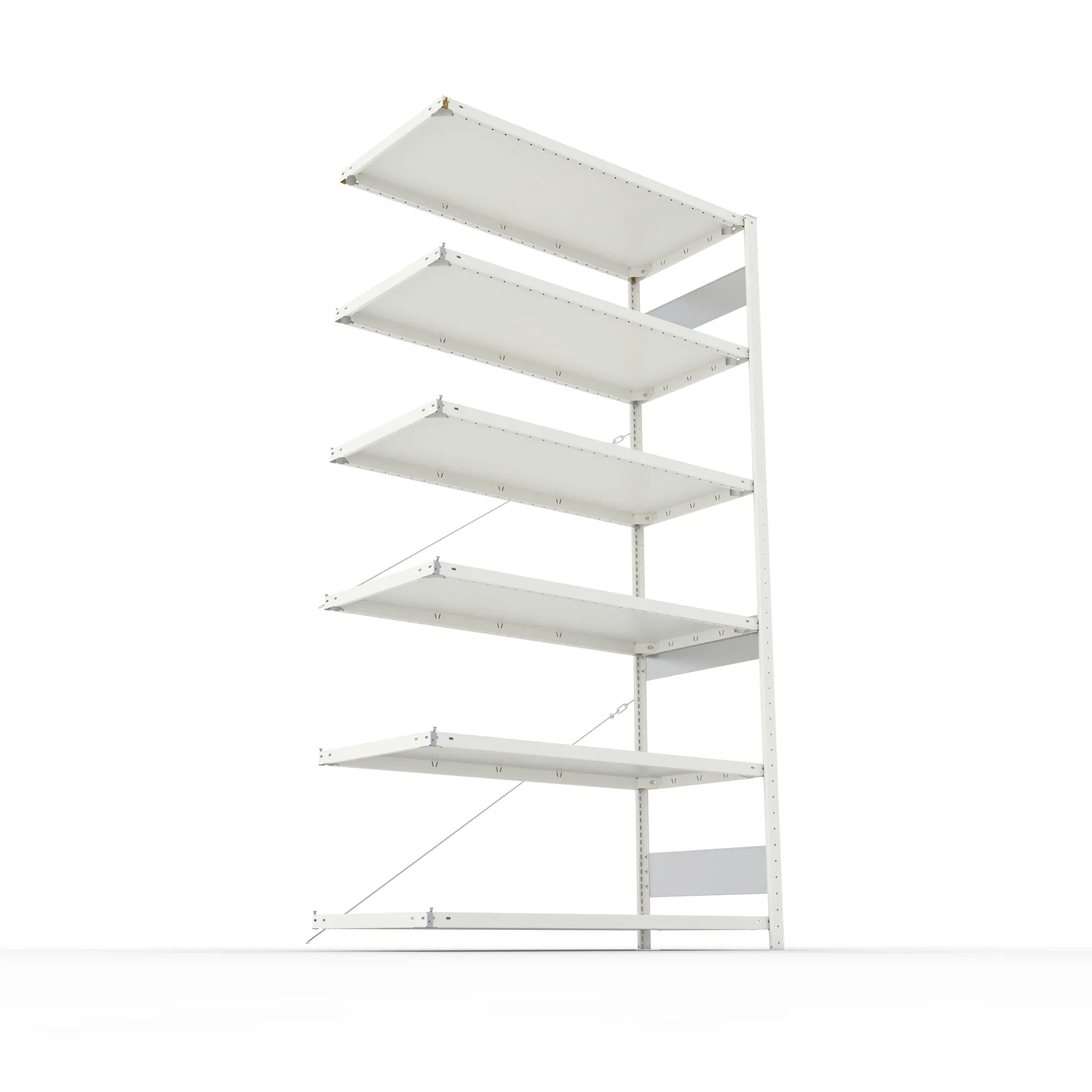 META CLIP S3, Fachbodenregal, Anbauregal, 2500 x 1300 x 600 mm, Fachlast 150 kg, 6 Ebenen, RAL 7035 – Ansicht von unten