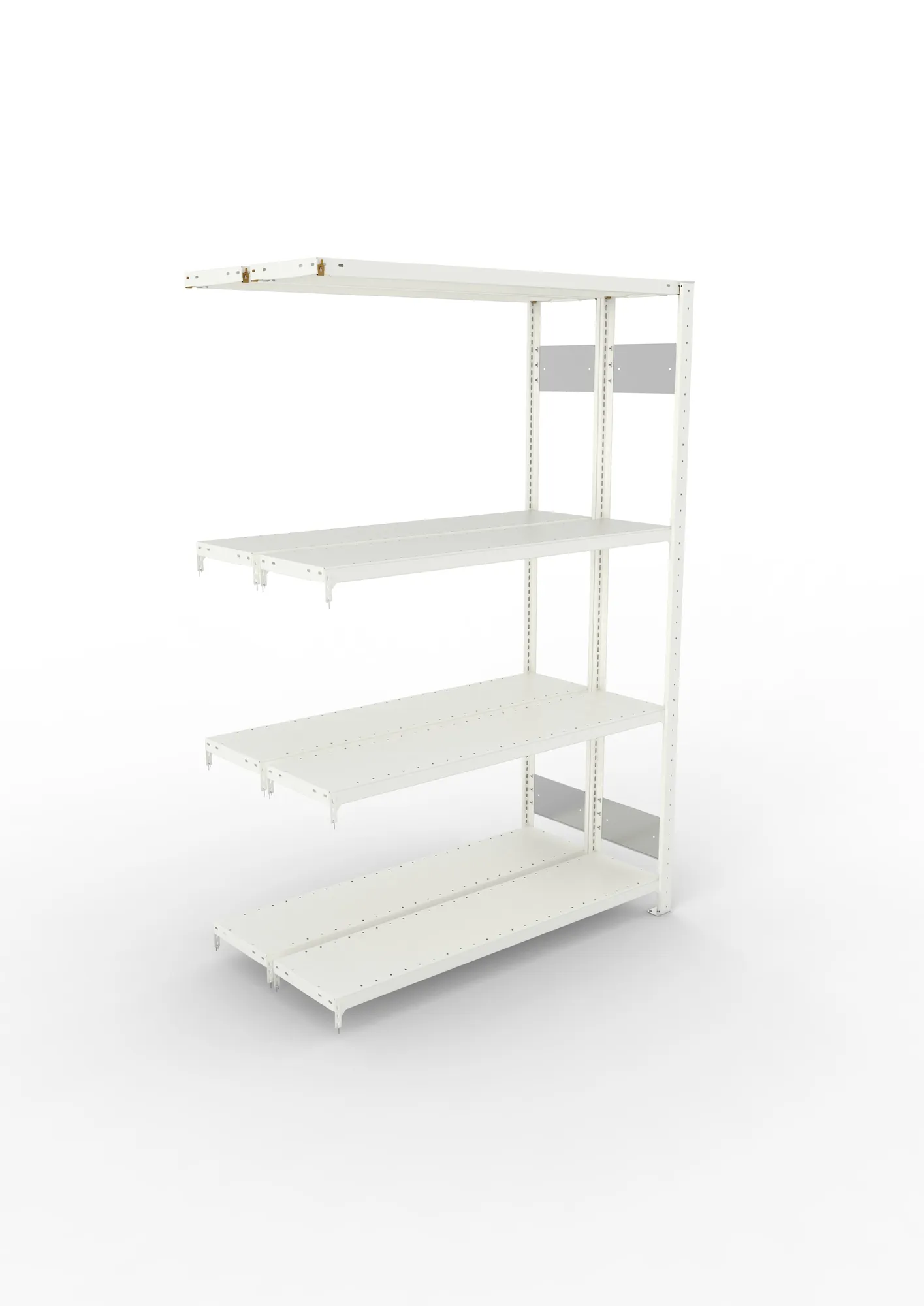 META CLIP S3, Fachbodenregal, Doppel-Anbauregal, 2000 x 1300 x 300 mm, Fachlast 230 kg, 4 Ebenen, Längsriegel, RAL 7035 – Ansicht von oben