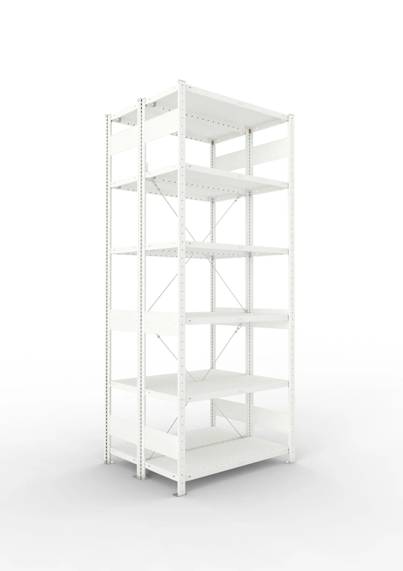 META CLIP, Fachbodenregal, Doppel-Grundregal, 2500 x 1000 x 400 mm, Fachlast 230 kg, 6 Ebenen, RAL 7035 – Ansicht in Blickhöhe