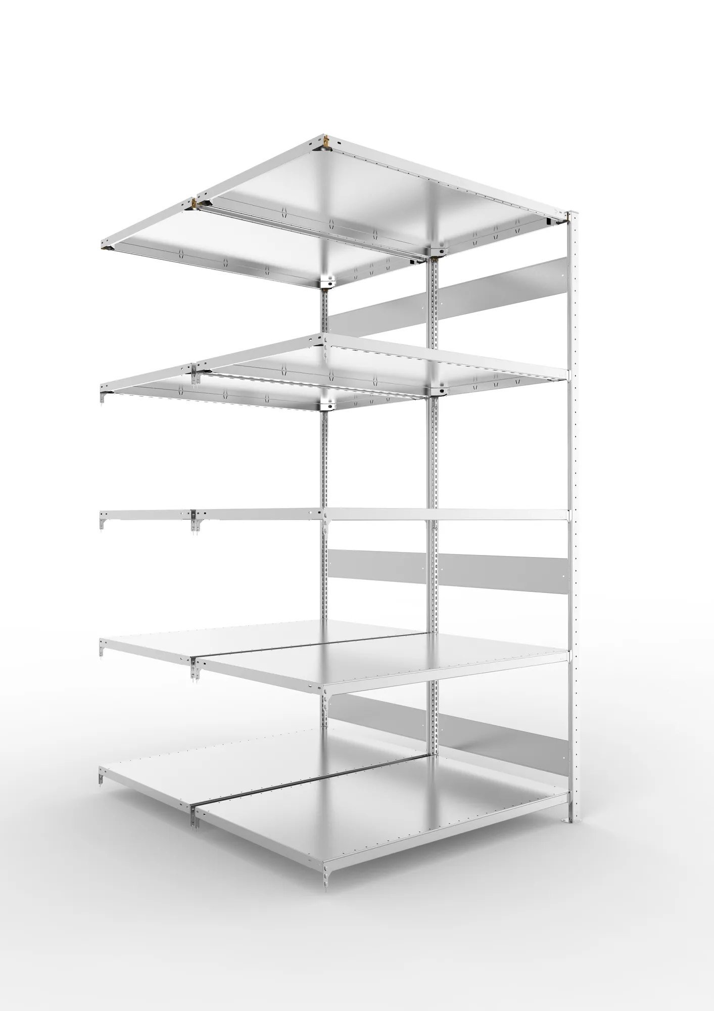 META CLIP S3, Fachbodenregal, Doppel-Anbauregal, 2500 x 1300 x 800 mm, Fachlast 230 kg, 5 Ebenen, Längsriegel, verzinkt – Ansicht in Blickhöhe