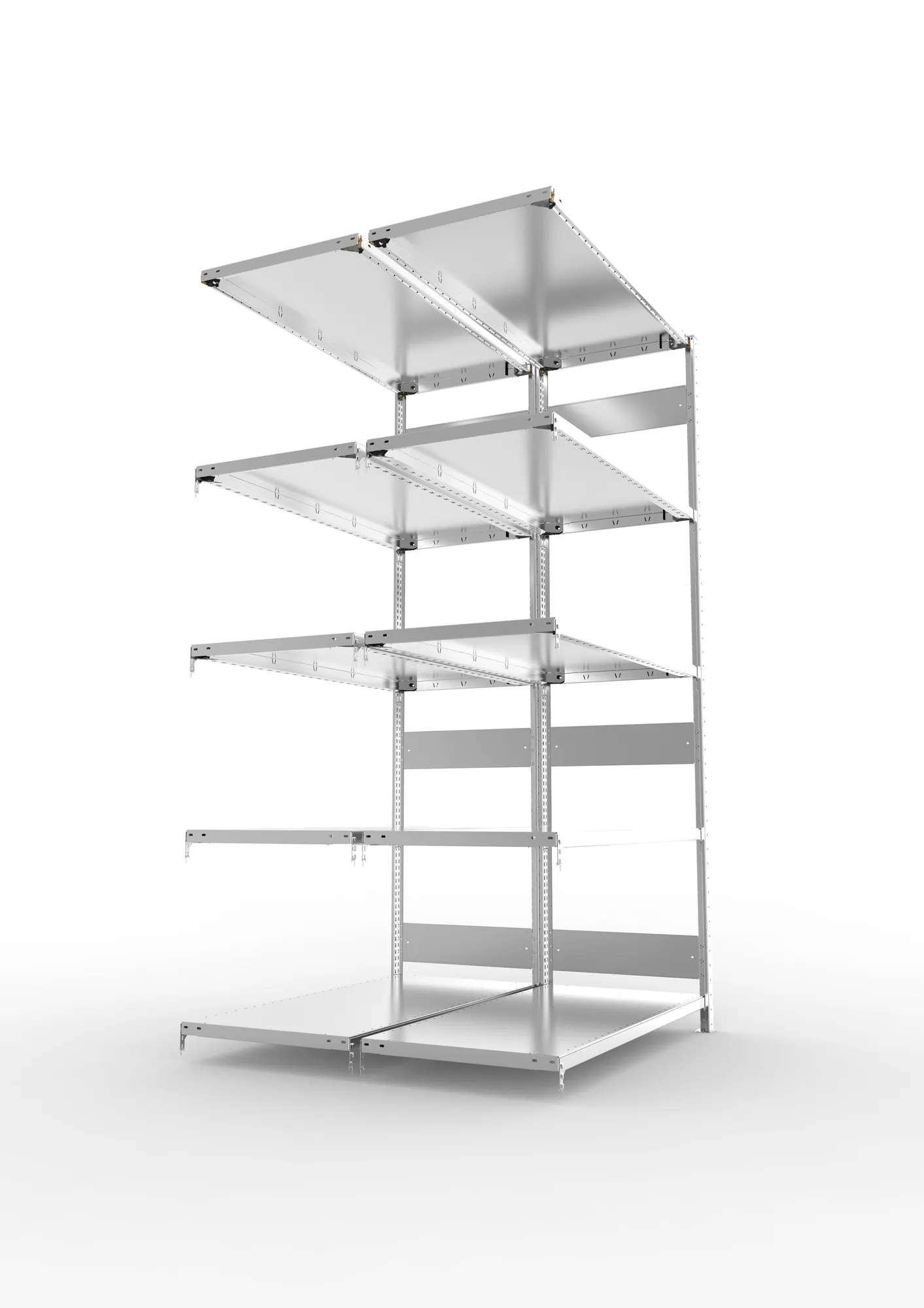 META CLIP S3, Fachbodenregal, Doppel-Anbauregal, 2500 x 1300 x 600 mm, Fachlast 230 kg, 5 Ebenen, Längsriegel, verzinkt – Seitenansicht