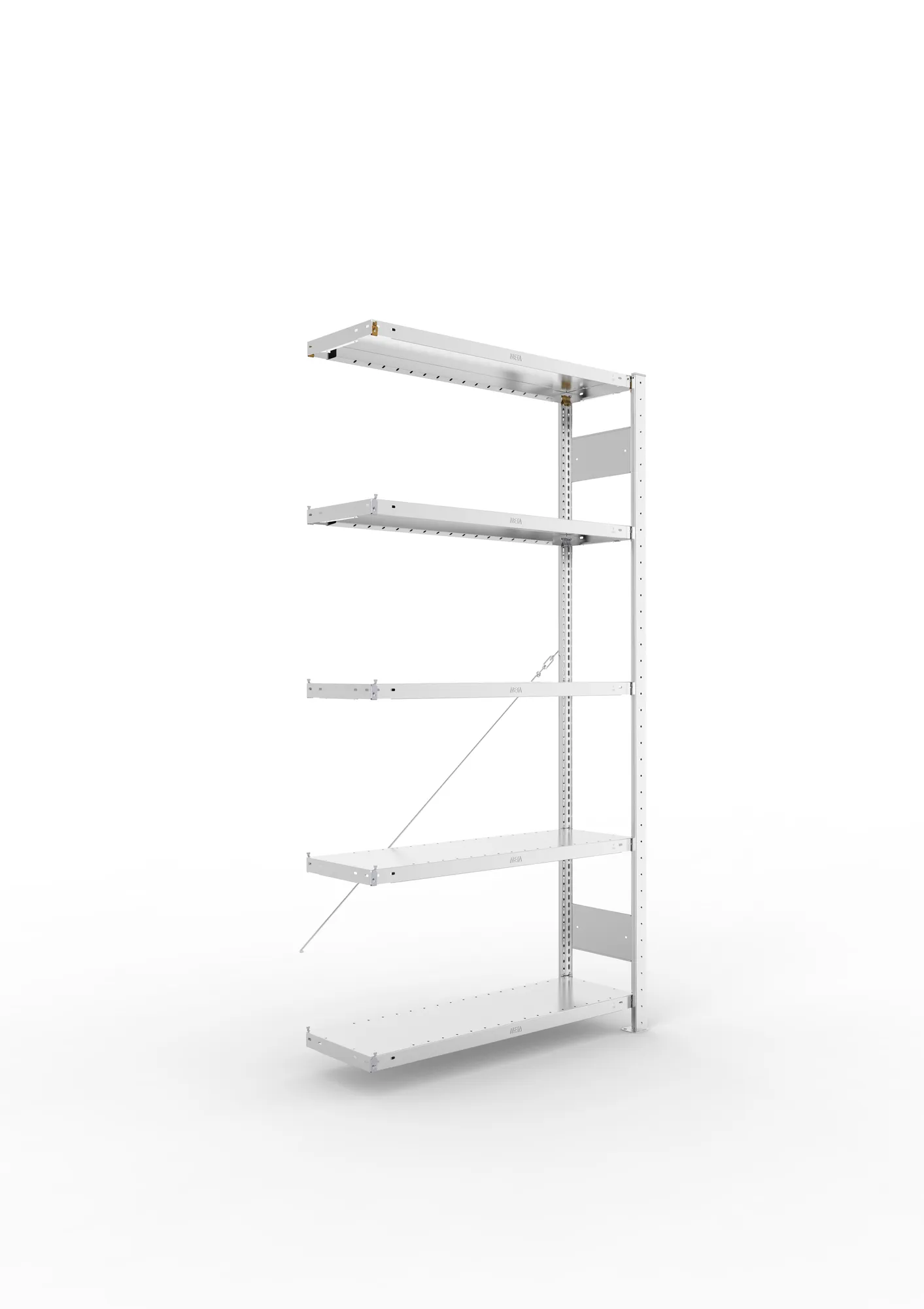 META CLIP, Fachbodenregal, Anbauregal, 2000 x 1000 x 300 mm, Fachlast 230 kg, 5 Ebenen, verzinkt – Ansicht in Blickhöhe