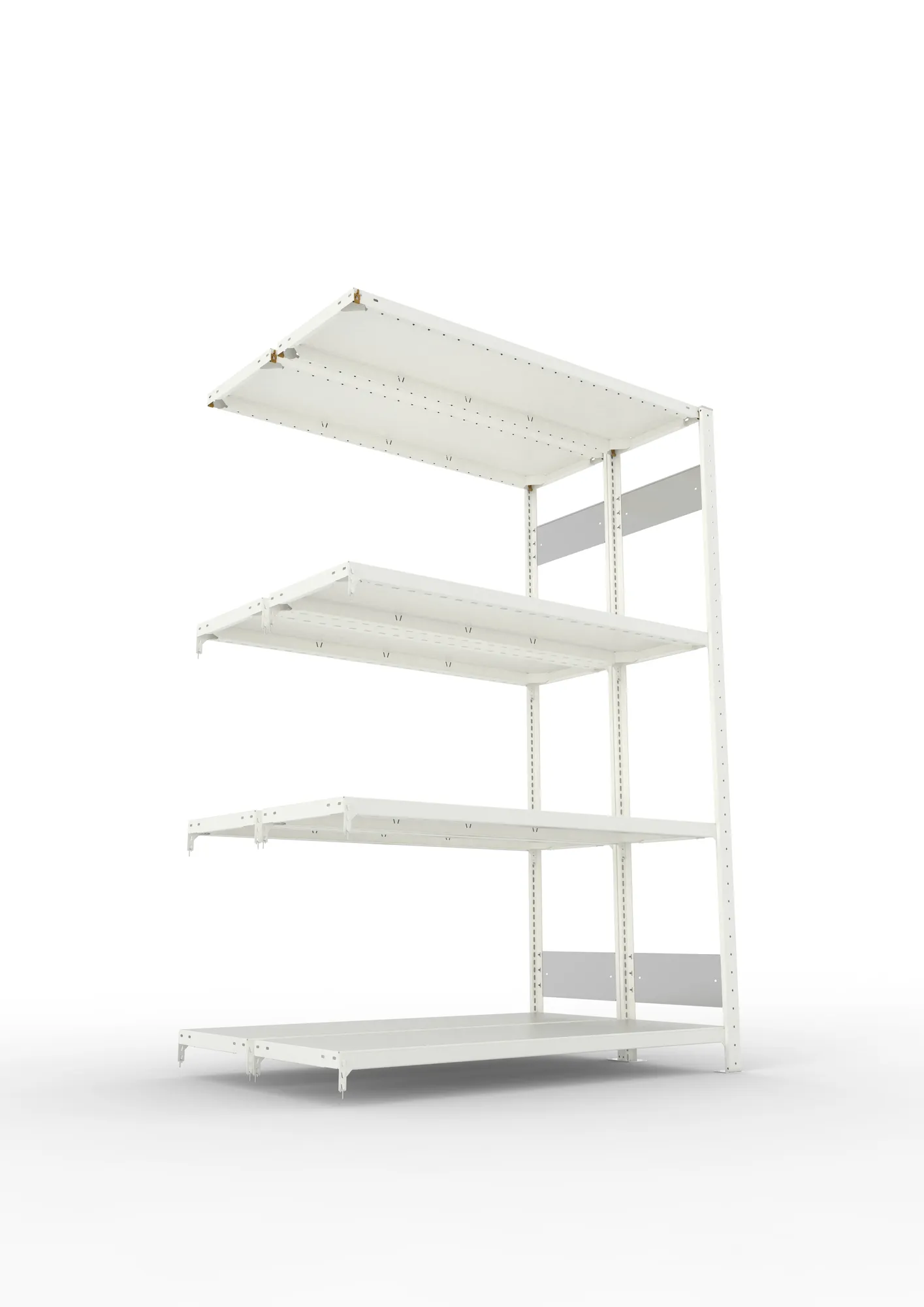 META CLIP S3, Fachbodenregal, Doppel-Anbauregal, 2000 x 1300 x 400 mm, Fachlast 230 kg, 4 Ebenen, Längsriegel, RAL 7035 – Ansicht von unten