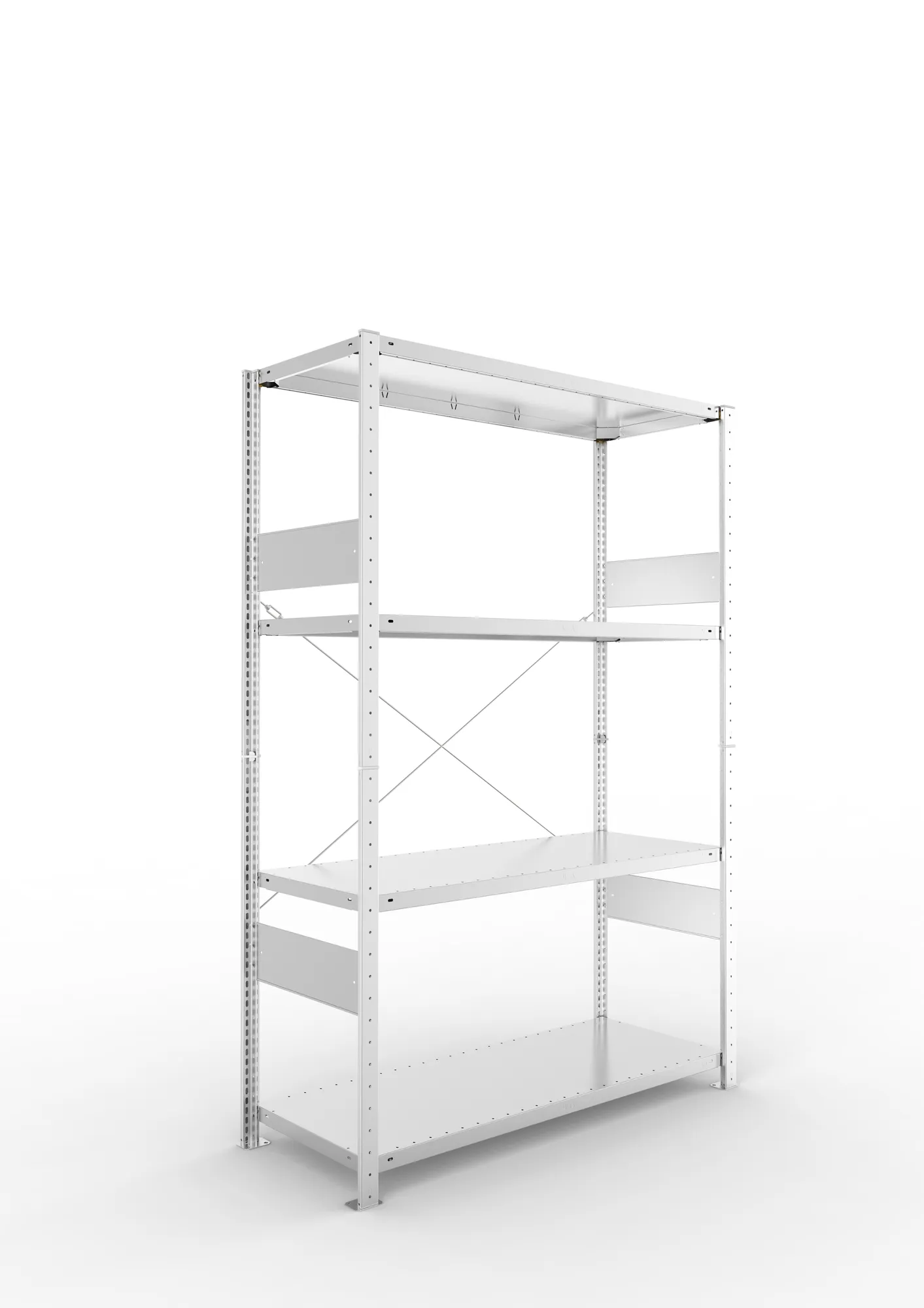 META CLIP SPLIT, Fachbodenregal, Grundregal, 2000 x 1300 x 500 mm, Fachlast 150 kg, 4 Ebenen, verzinkt – Ansicht in Blickhöhe