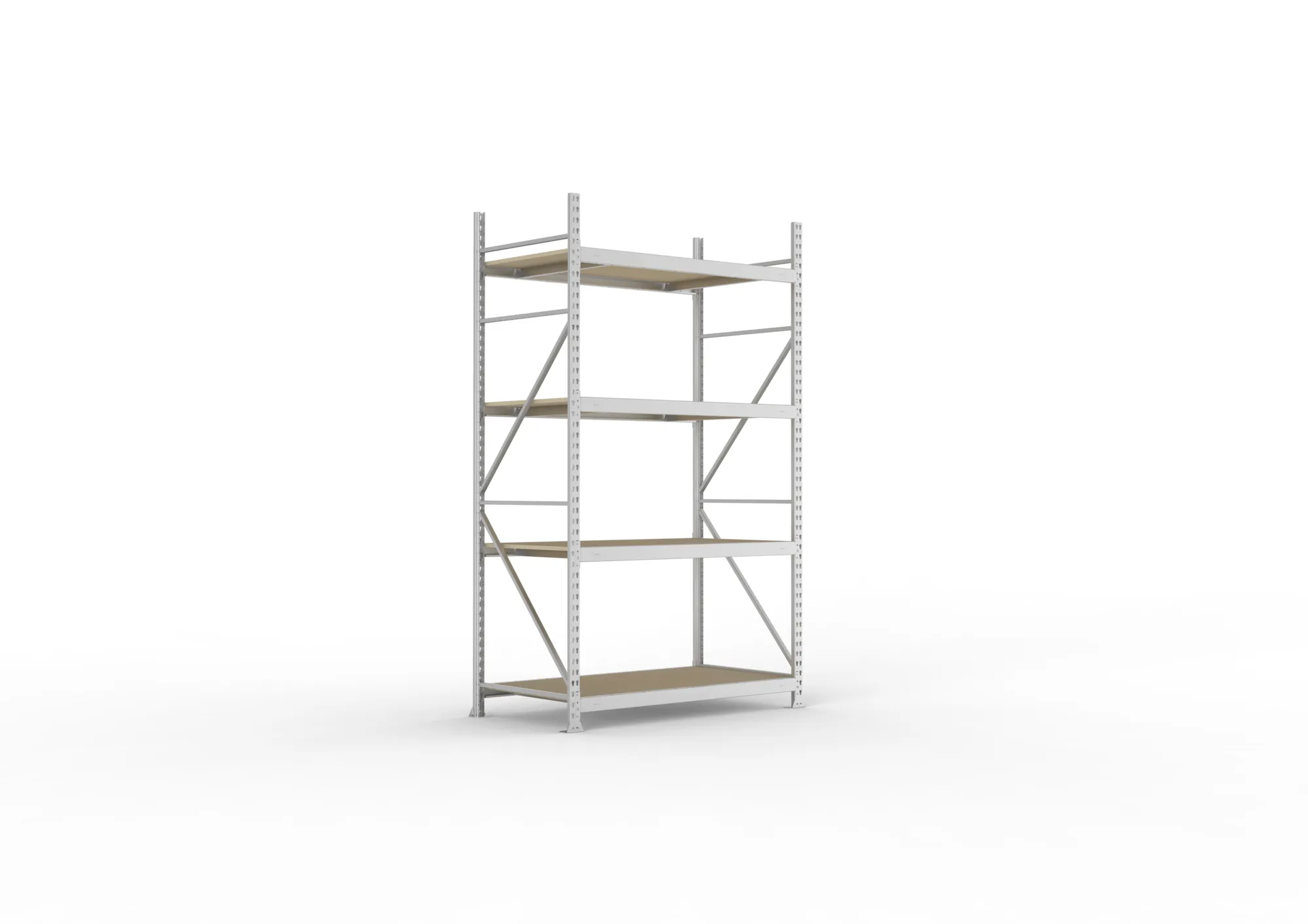 META MINI-RACK, Weitspannregal, Grundregal, 2500 x 1400 x 800 mm, Fachlast 600 kg, Spanplattenböden, 4 Ebenen – Ansicht in Blickhöhe
