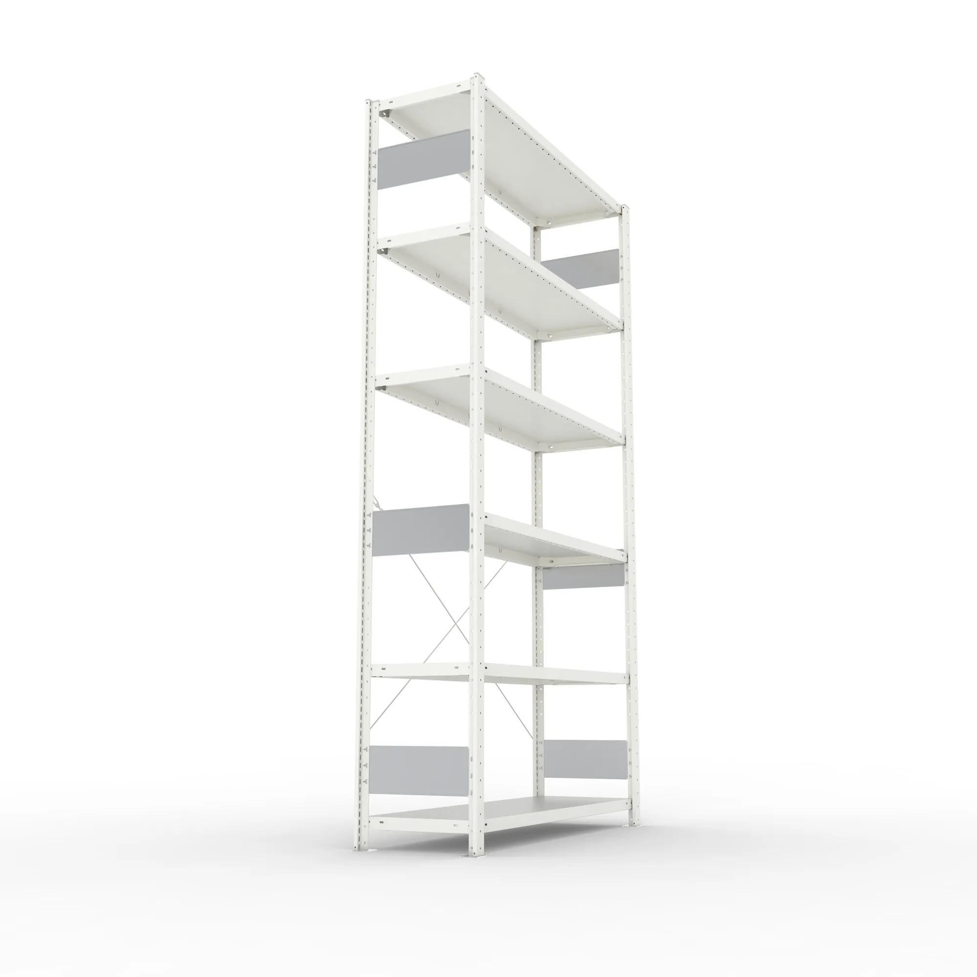 META CLIP S3, Fachbodenregal, Grundregal, 2500 x 1300 x 400 mm, Fachlast 230 kg, 6 Ebenen, RAL 7035 – Seitenansicht