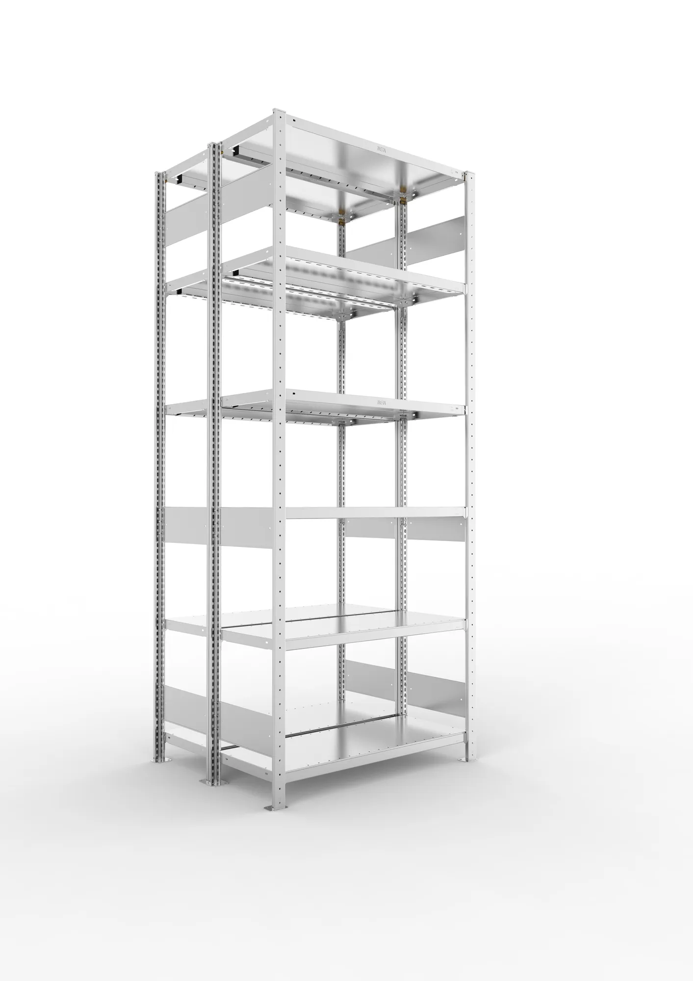 META CLIP S3, Fachbodenregal, Doppel-Grundregal, 2500 x 1000 x 400 mm, Fachlast 230 kg, 6 Ebenen, Längsriegel, verzinkt – Ansicht in Blickhöhe
