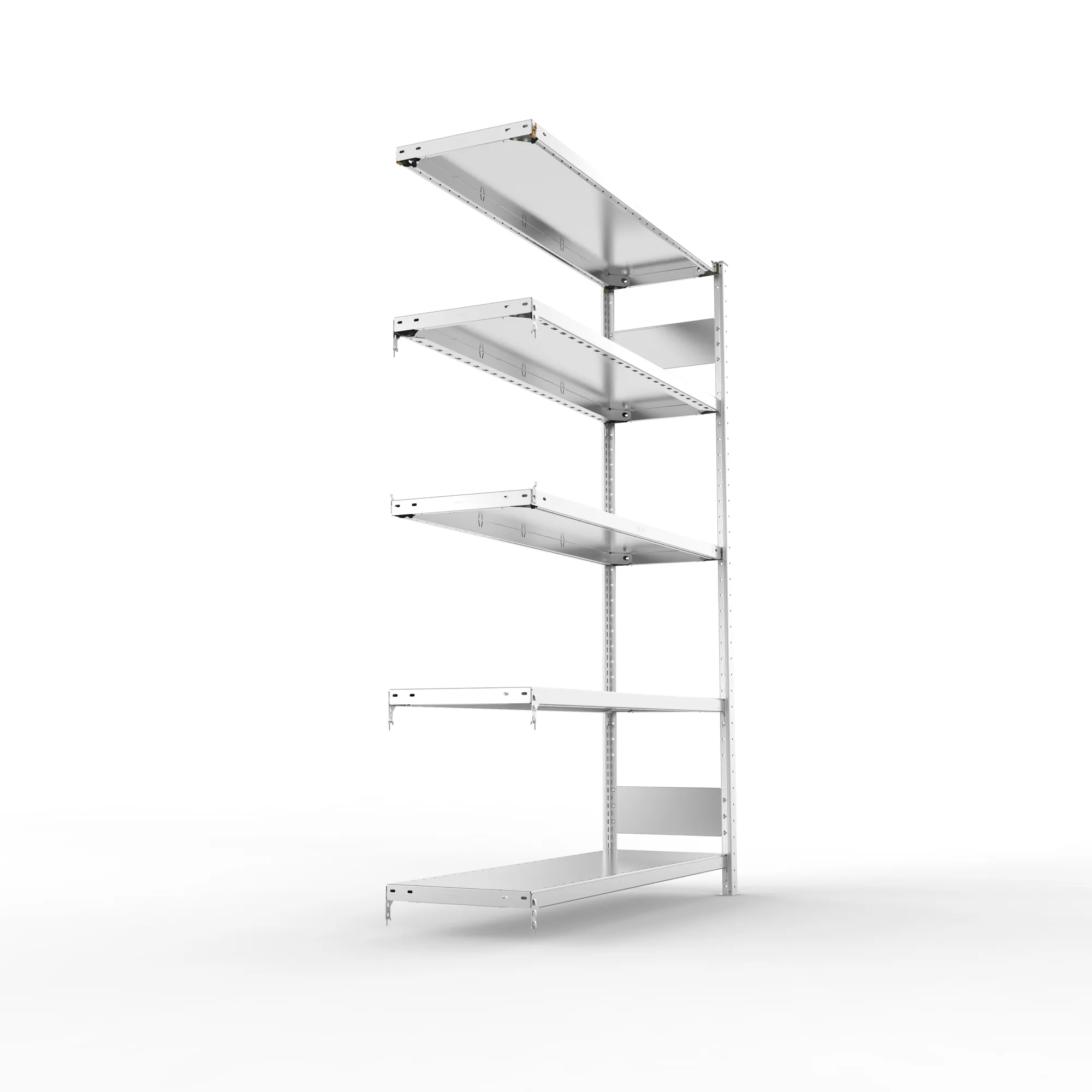 META CLIP S3, Fachbodenregal, Anbauregal, 2000 x 1300 x 400 mm, Fachlast 230 kg, 4 Ebenen, Längsriegel, verzinkt – Seitenansicht