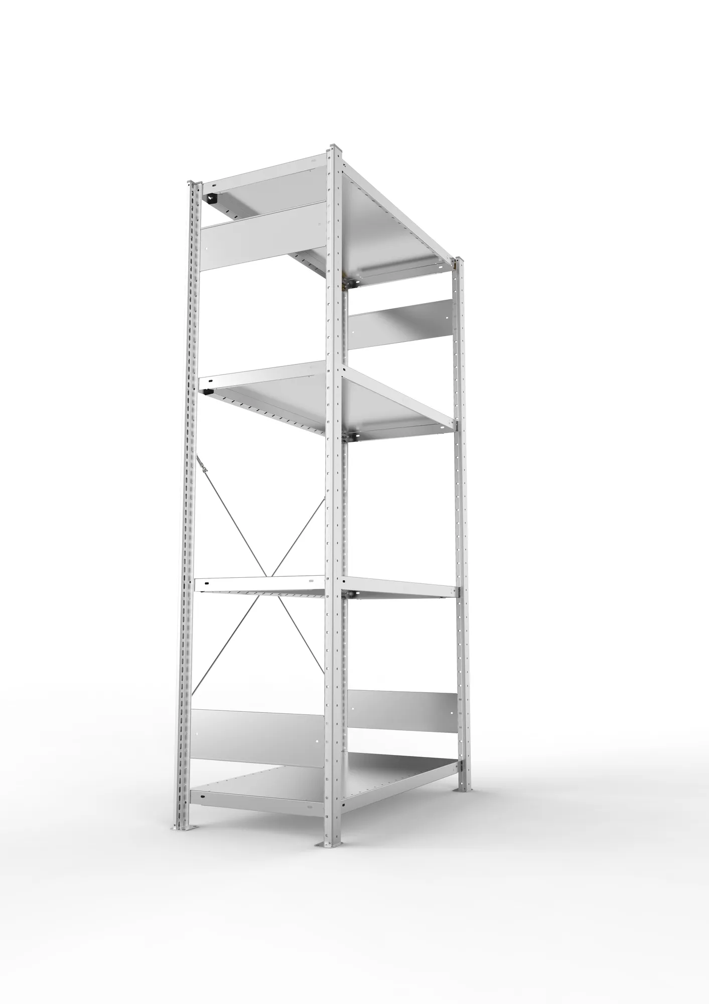 META CLIP SET, Fachbodenregal, Grundregal, 2000 x 1000 x 500 mm, Fachlast 230 kg, 4 Ebenen, verzinkt – Seitenansicht