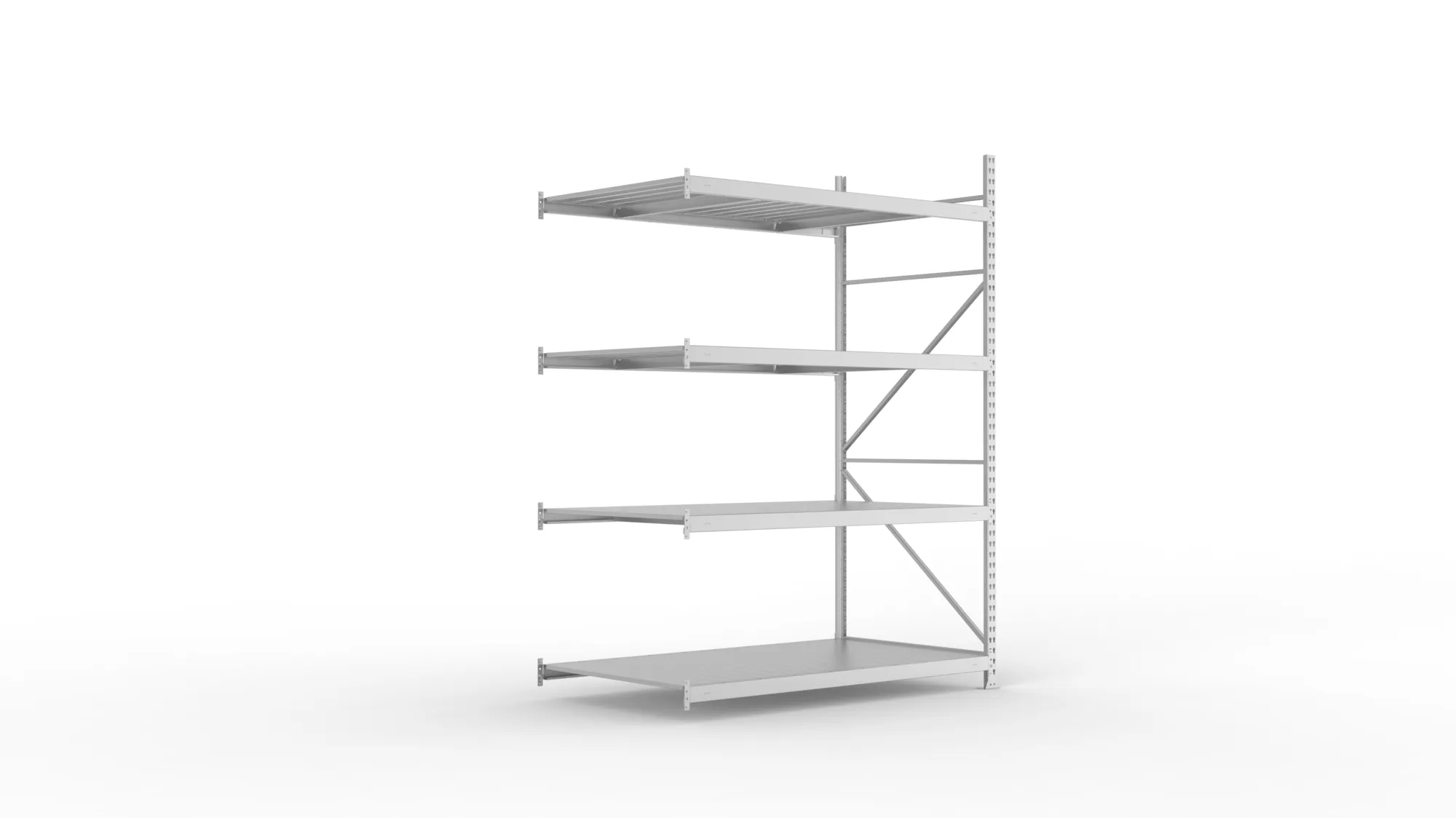 META MINI-RACK, Weitspannregal, Anbauregal, 2500 x 1800 x 1050 mm, Fachlast 600 kg, Stahlpaneelböden, 4 Ebenen – Ansicht in Blickhöhe