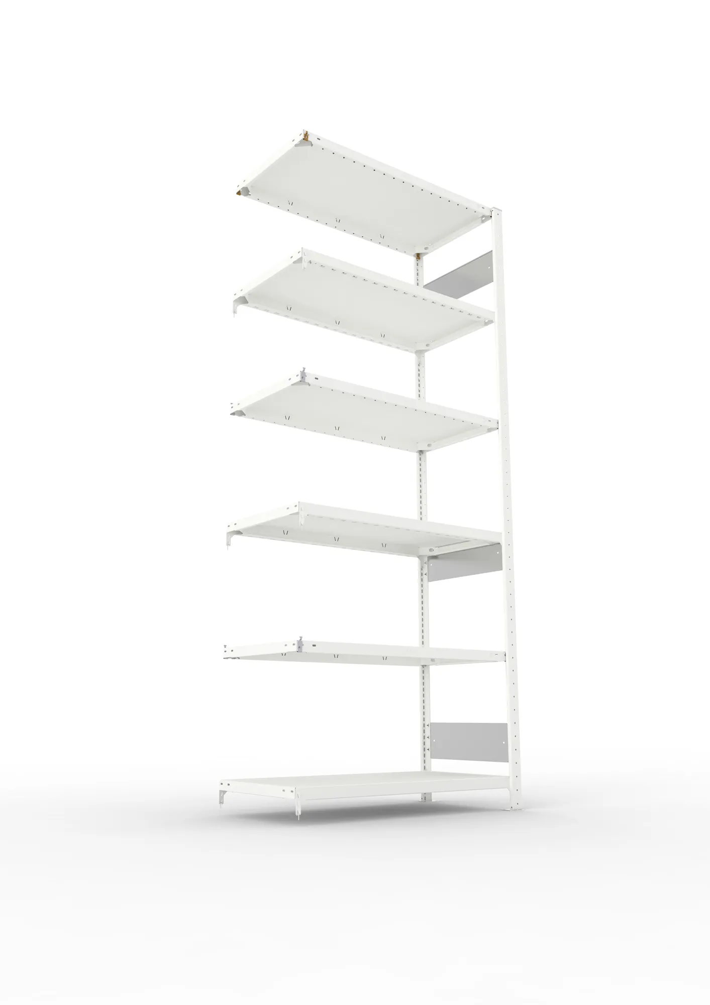 META CLIP S3, Fachbodenregal, Anbauregal, 2500 x 1000 x 500 mm, Fachlast 150 kg, 6 Ebenen, Längsriegel, RAL 7035 – Ansicht von unten