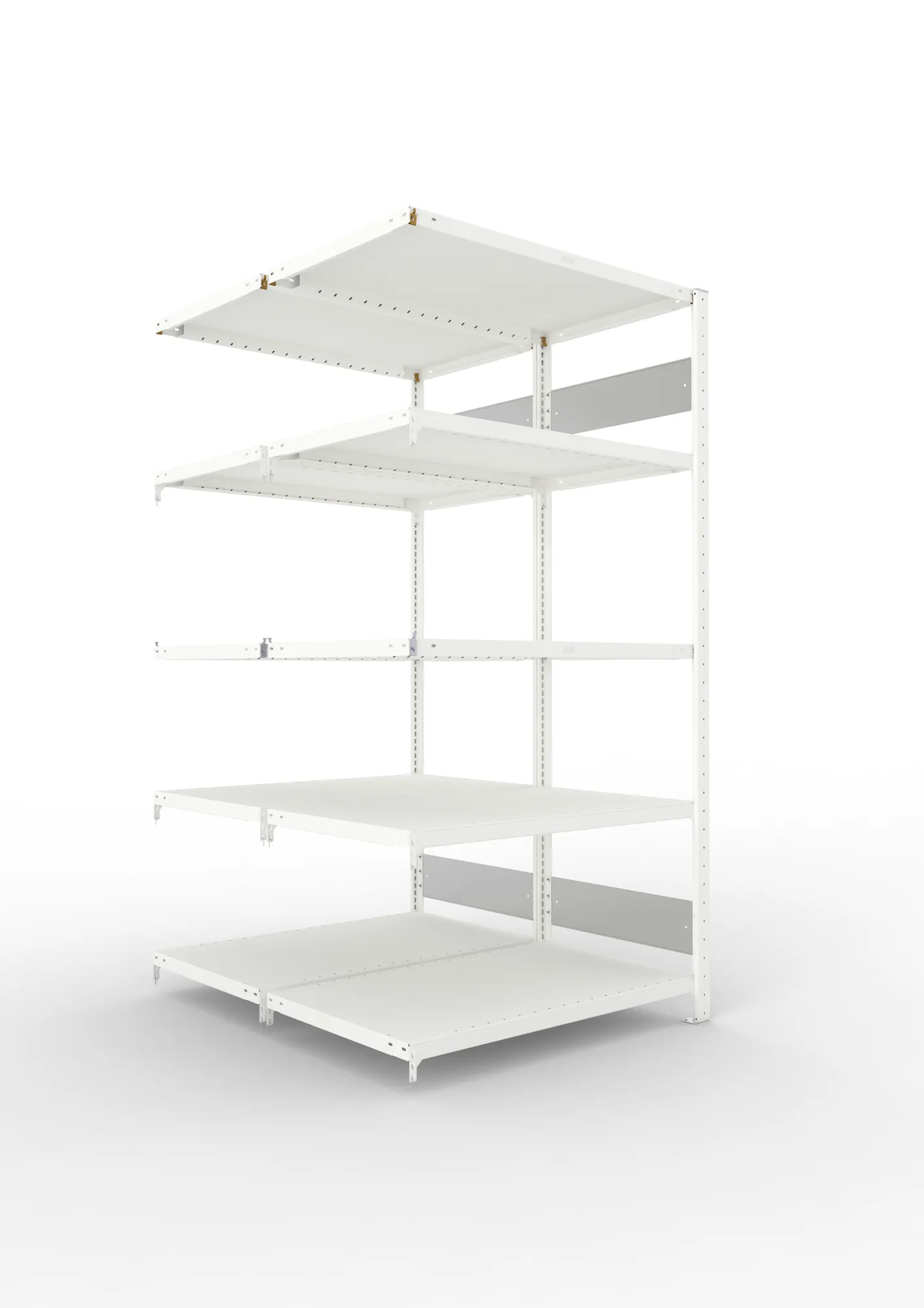 META CLIP S3, Fachbodenregal, Doppel-Anbauregal, 2000 x 1000 x 600 mm, Fachlast 230 kg, 5 Ebenen, Längsriegel, RAL 7035 – Ansicht in Blickhöhe