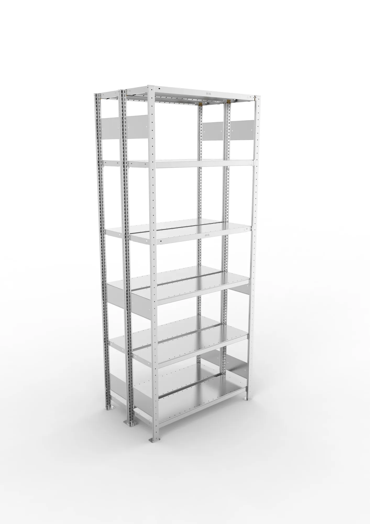 META CLIP S3, Fachbodenregal, Doppel-Grundregal, 2500 x 1000 x 300 mm, Fachlast 230 kg, 6 Ebenen, Längsriegel, verzinkt – Ansicht von oben