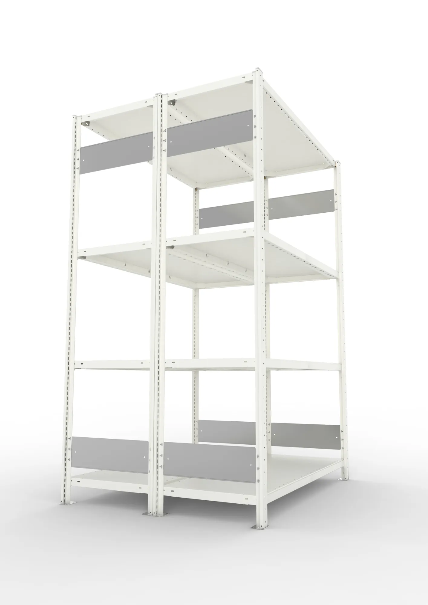 META CLIP S3, Fachbodenregal, Doppel-Grundregal, 2000 x 1300 x 500 mm, Fachlast 230 kg, 4 Ebenen, Längsriegel, RAL 7035 – Seitenansicht