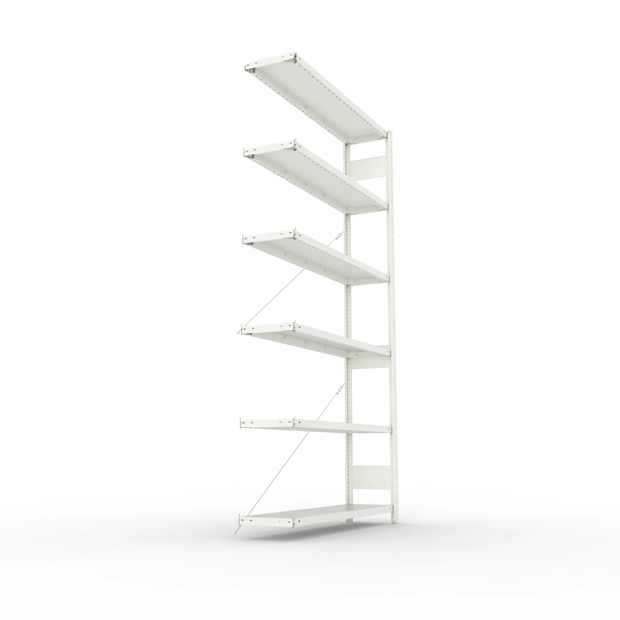 META CLIP, Fachbodenregal, Anbauregal, 2500 x 1300 x 300 mm, Fachlast 230 kg, 6 Ebenen, RAL 7035 – Seitenansicht