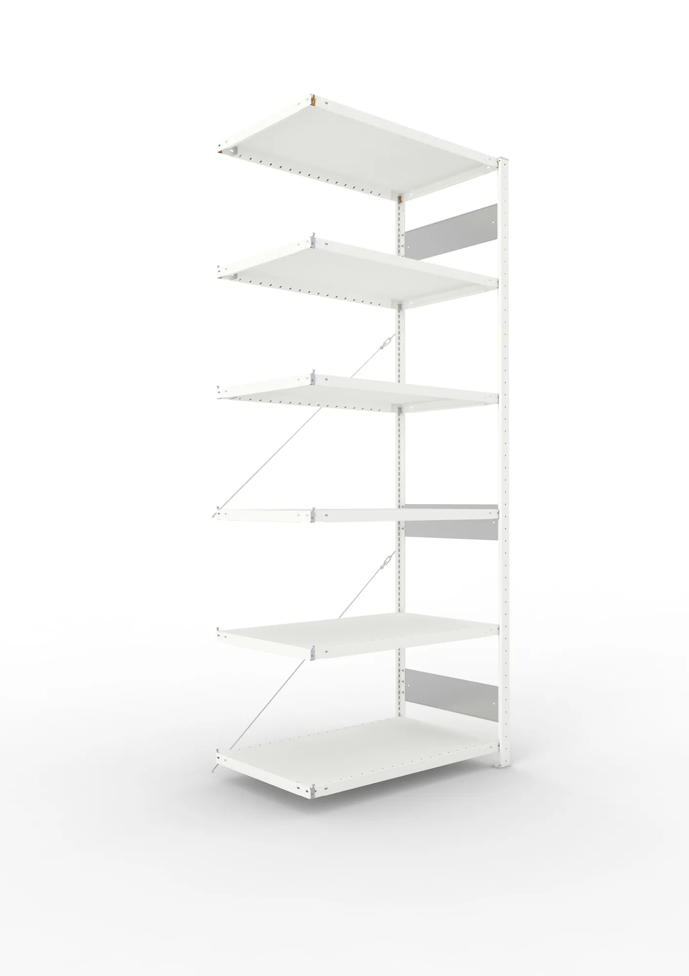 META CLIP S3, Fachbodenregal, Anbauregal, 2500 x 1000 x 600 mm, Fachlast 230 kg, 6 Ebenen, RAL 7035 – Ansicht in Blickhöhe