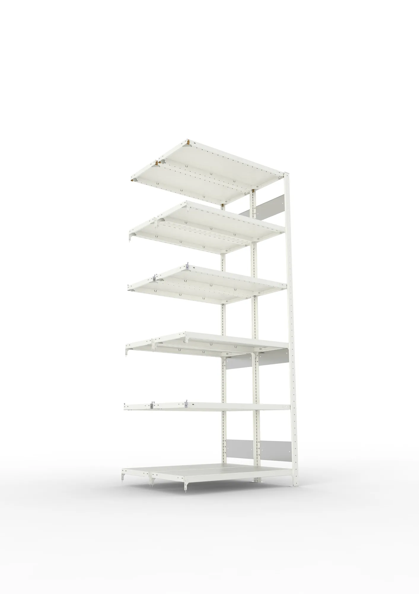 META CLIP S3, Fachbodenregal, Doppel-Anbauregal, 2500 x 1000 x 400 mm, Fachlast 150 kg, 6 Ebenen, Längsriegel, RAL 7035 – Ansicht von unten