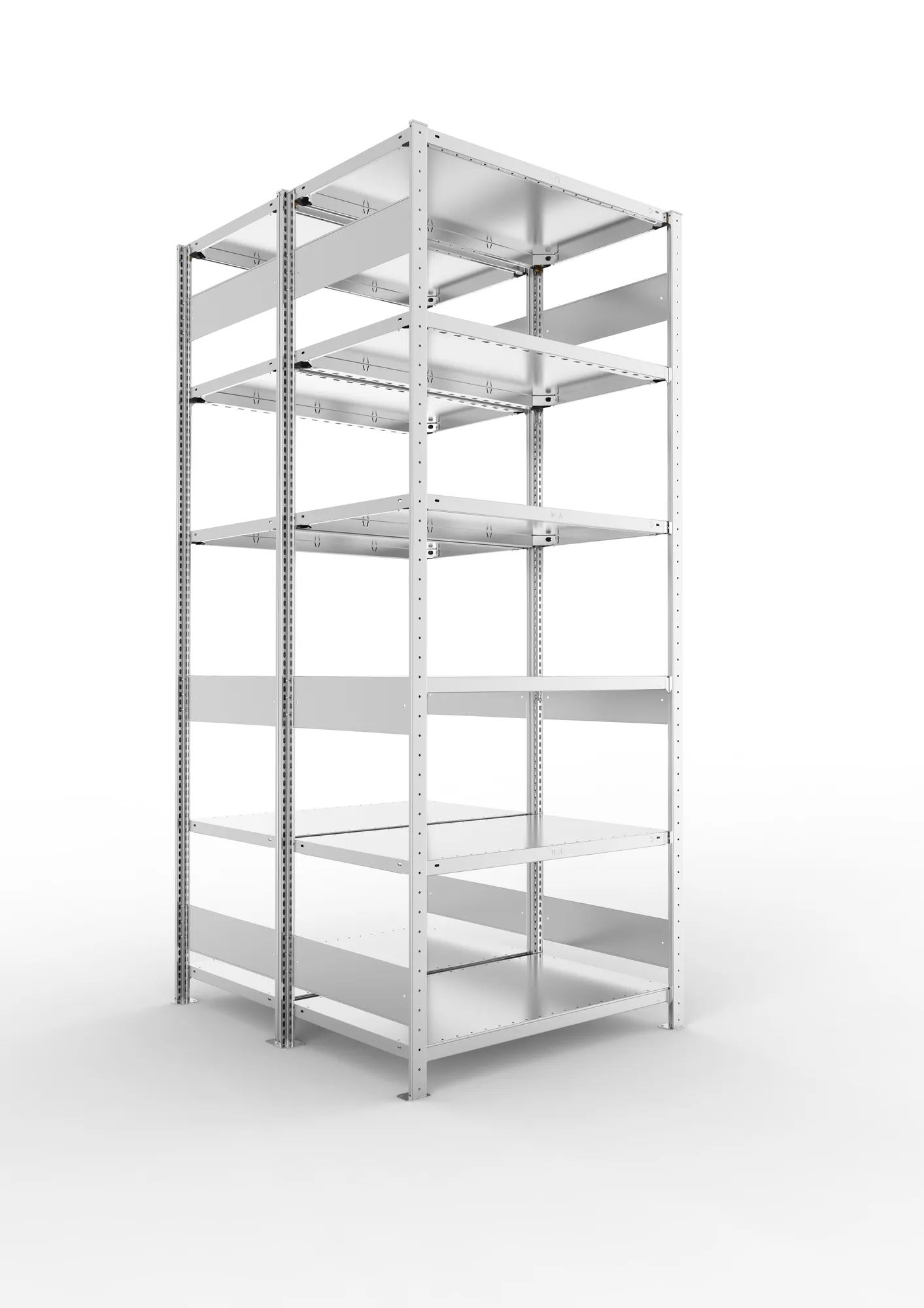 META CLIP S3, Fachbodenregal, Doppel-Grundregal, 2500 x 1000 x 600 mm, Fachlast 150 kg, 6 Ebenen, Längsriegel, verzinkt – Ansicht in Blickhöhe